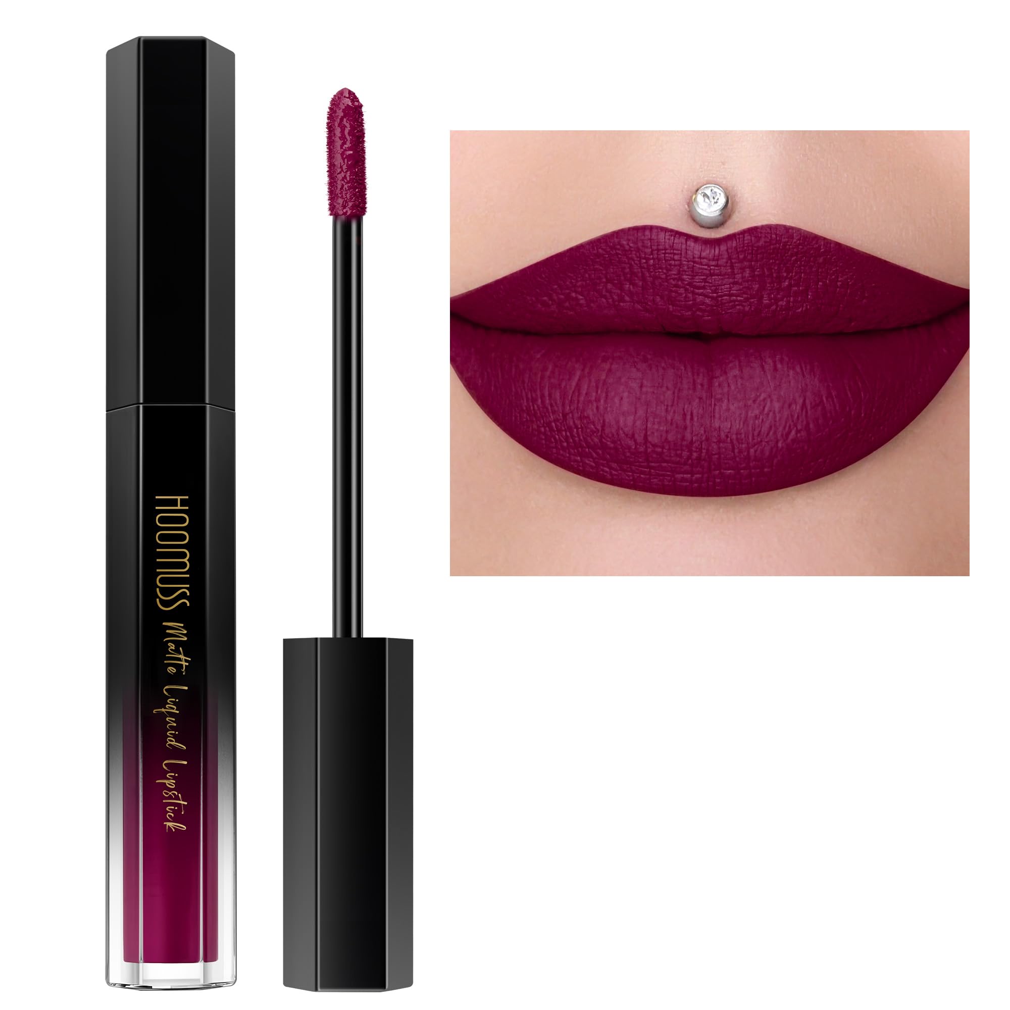 HOOMUSS Mulberry lipstick swatches show bold matte color with a smooth, comfortable finish.