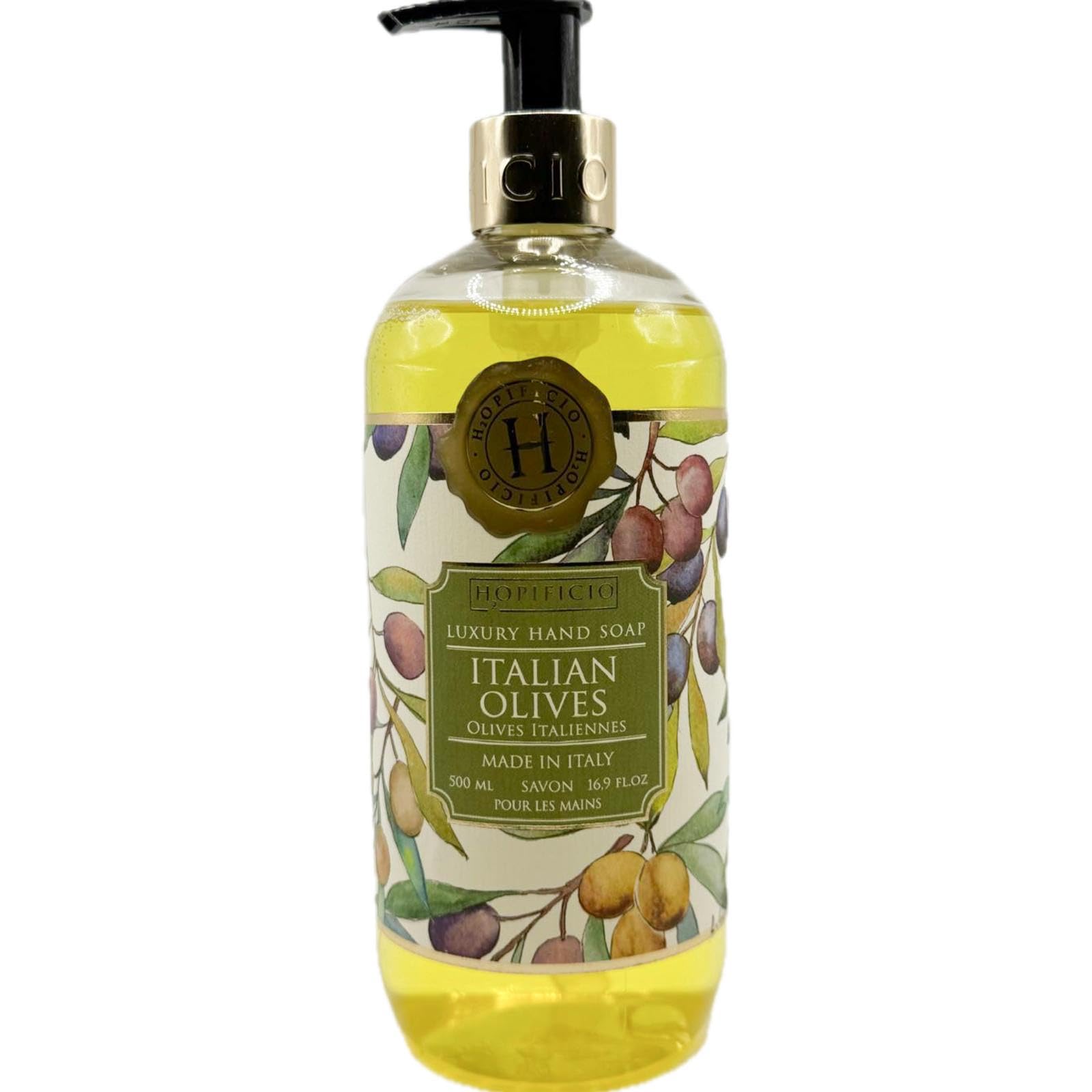 Hopificio Italian Olives hand soap bottle front highlighting refined scent for daily cleansing.