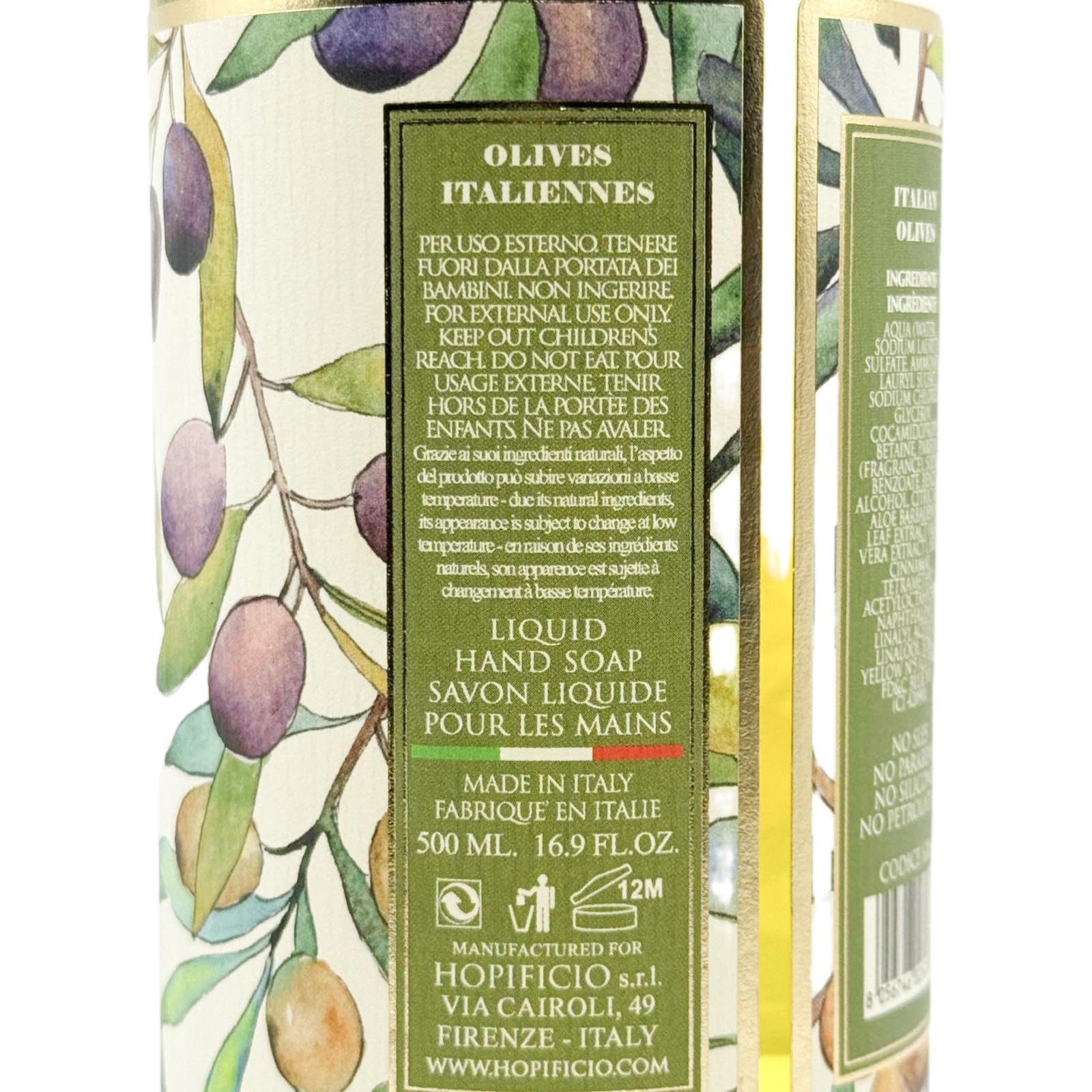Hopificio Italian Olives hand soap label closeup emphasizes olive-derived nourishment and bright aroma.