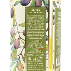 Hopificio Italian Olives hand soap label closeup emphasizes olive-derived nourishment and bright aroma.