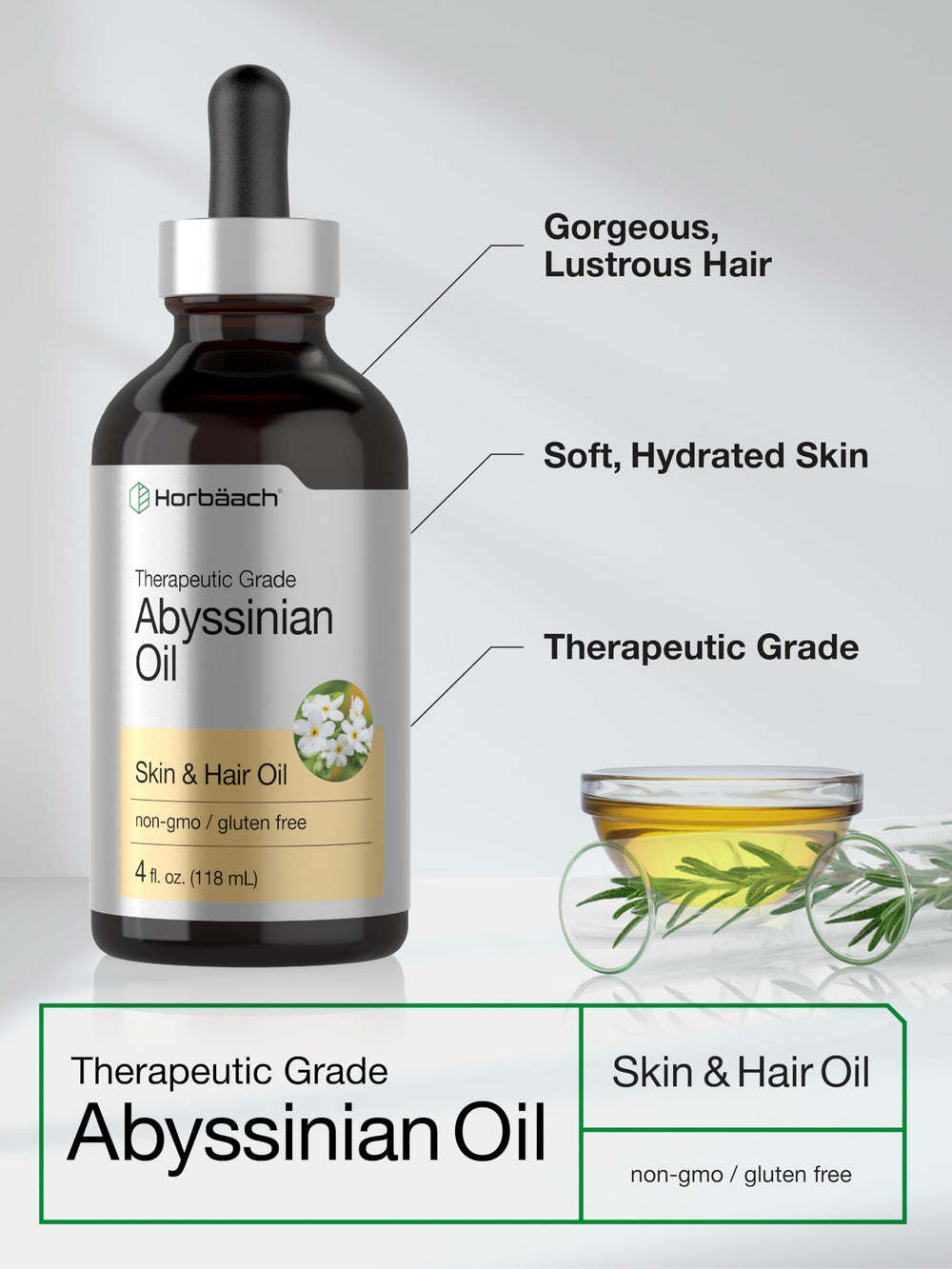 Horbäach Abyssinian Oil hair-application scene suggests smoothing and frizz control