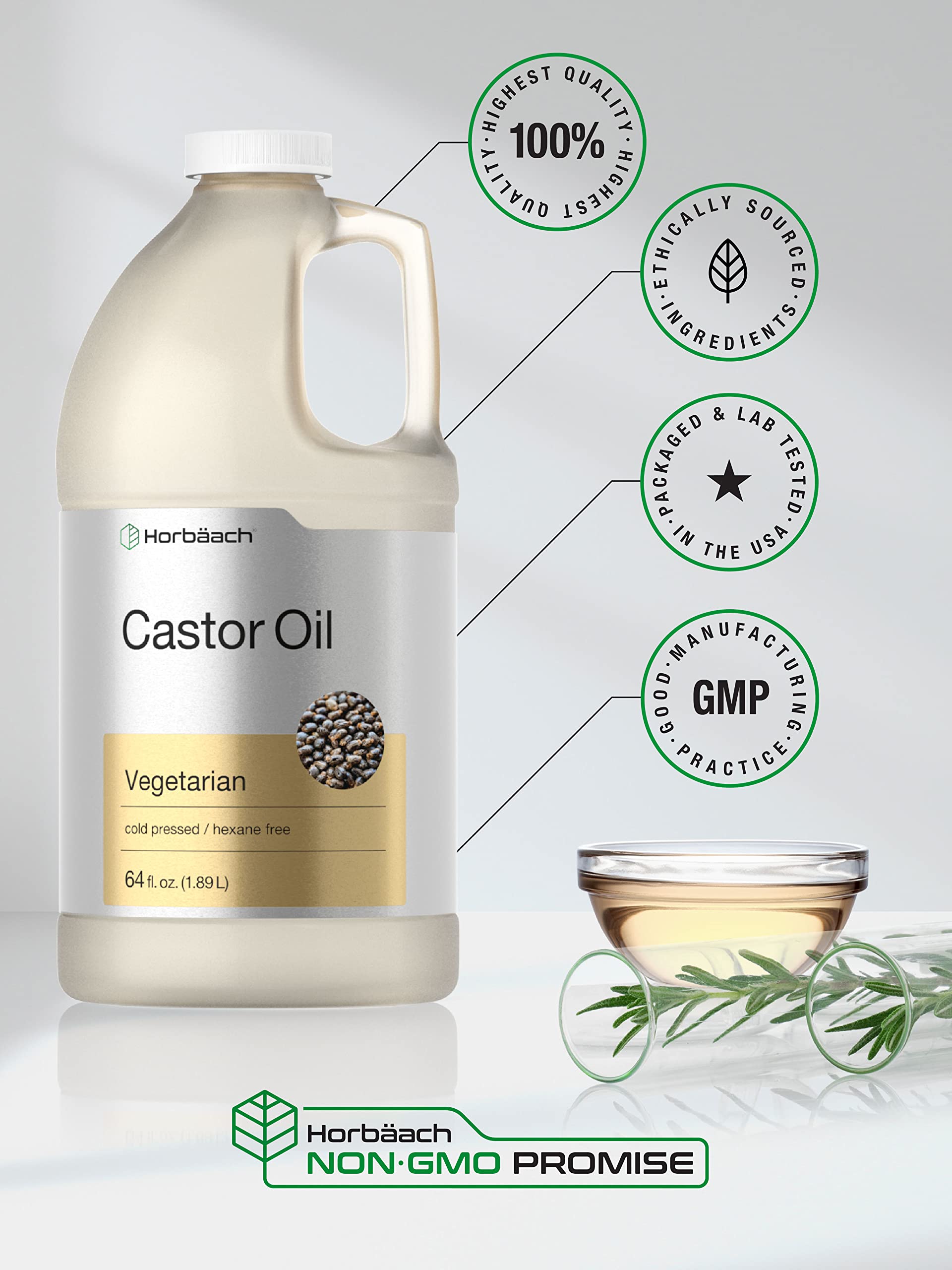 Horbaach Castor Oil 64oz amber bottle shown for long-term storage
