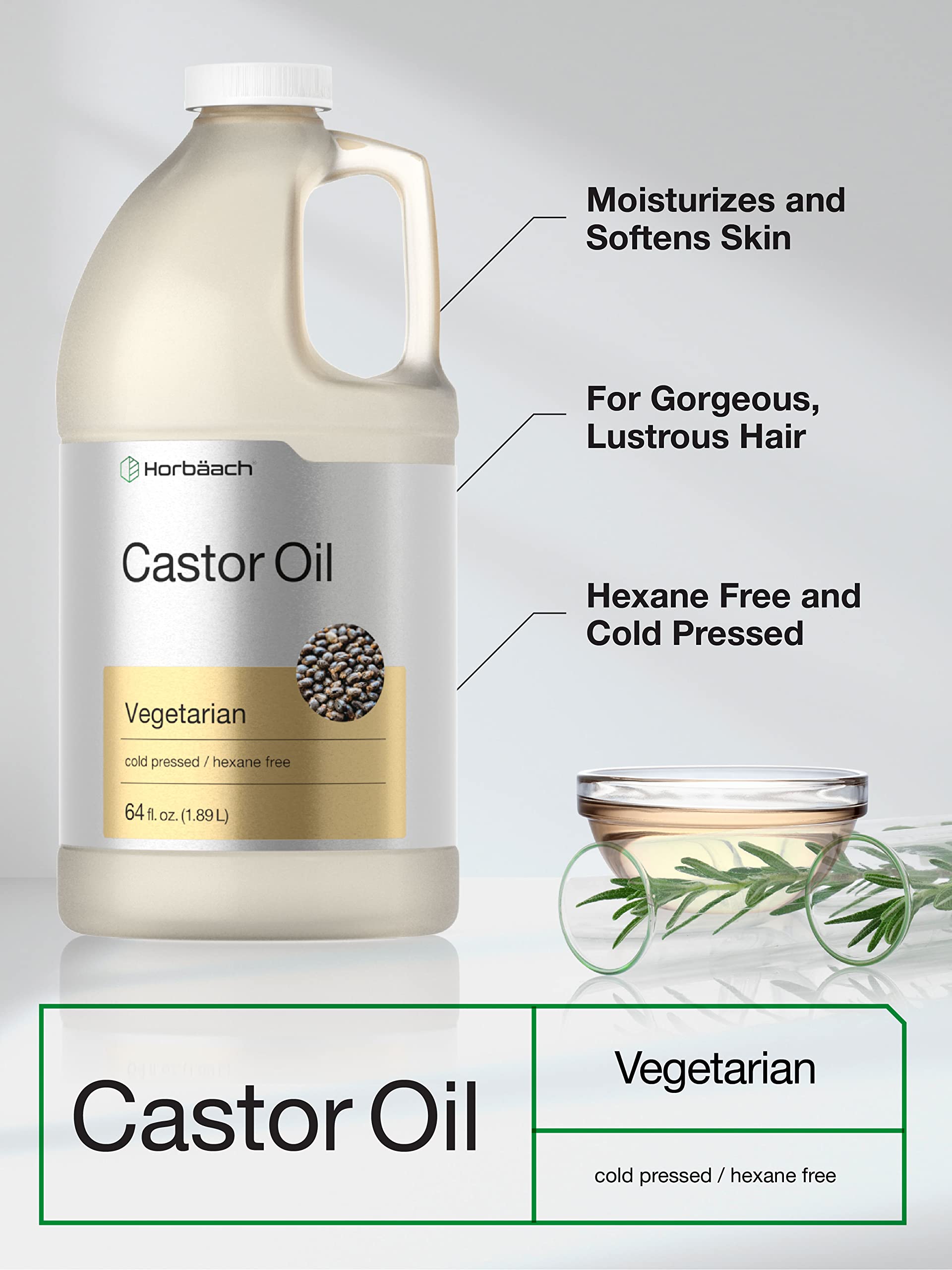 Horbaach Castor Oil 64oz label highlights hexane-free, cold-pressed quality