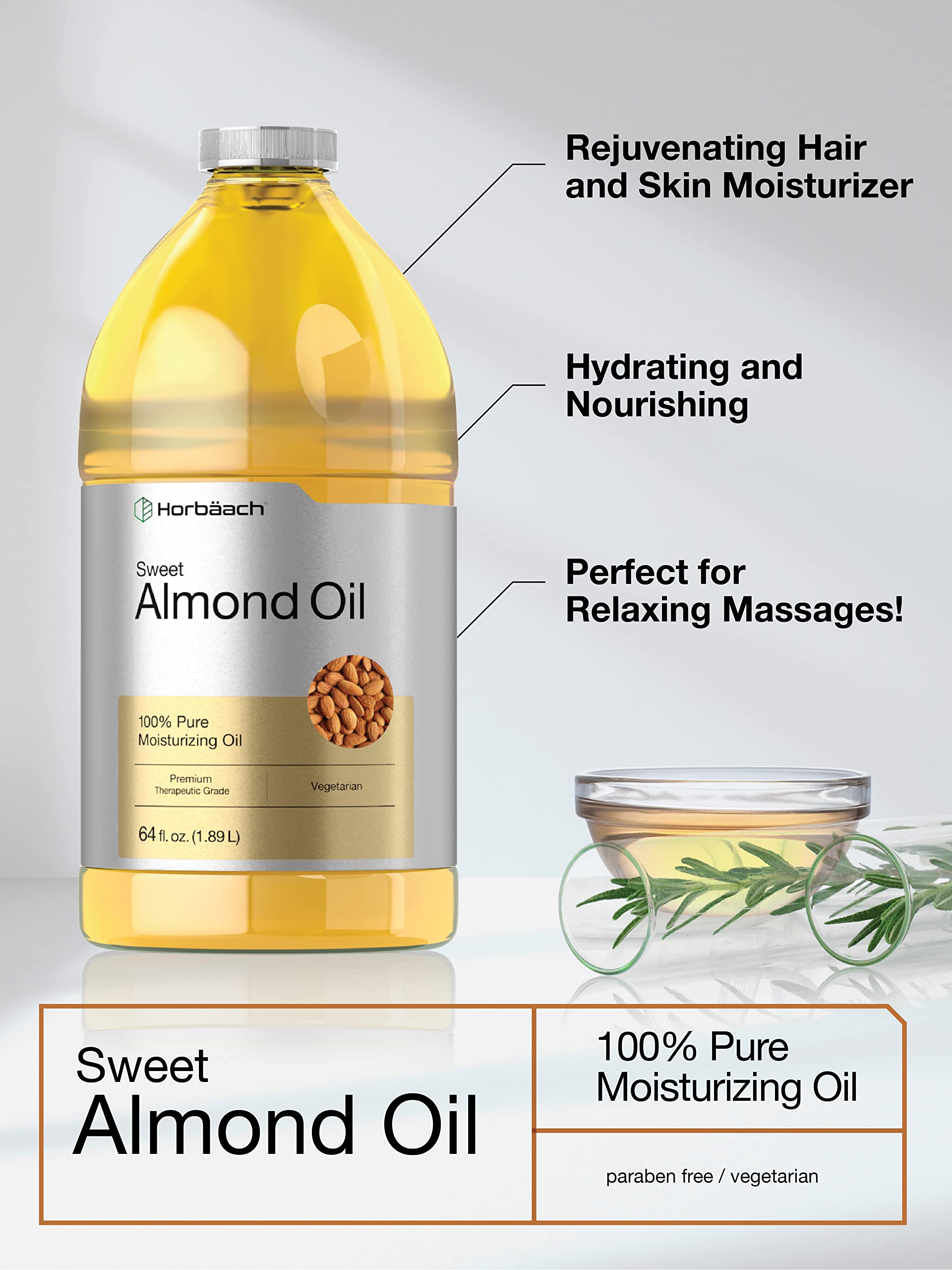 Horbäach Sweet Almond Oil application on skin and hair for moisture.