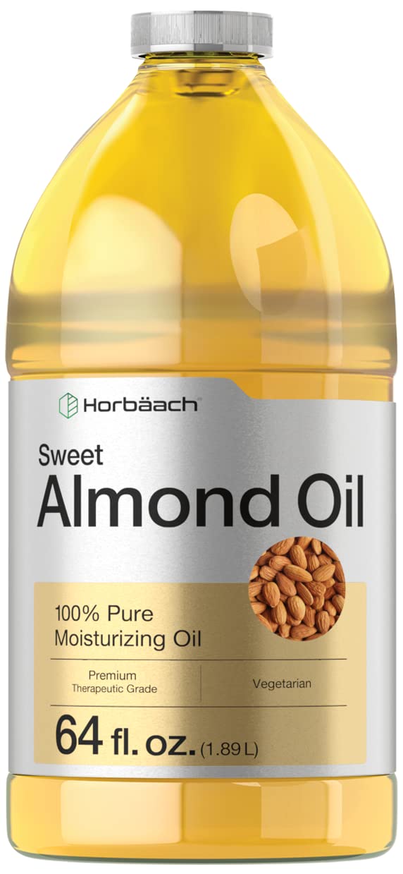 Horbäach Sweet Almond Oil bottle closeup for daily skin hydration.