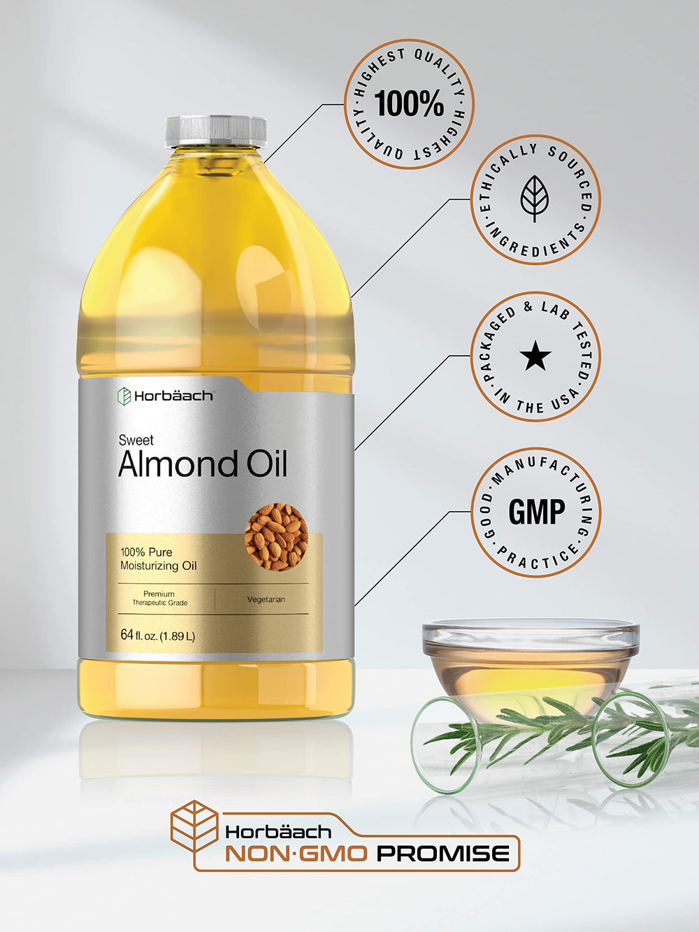 Horbäach Sweet Almond Oil ingredients label emphasizing purity.