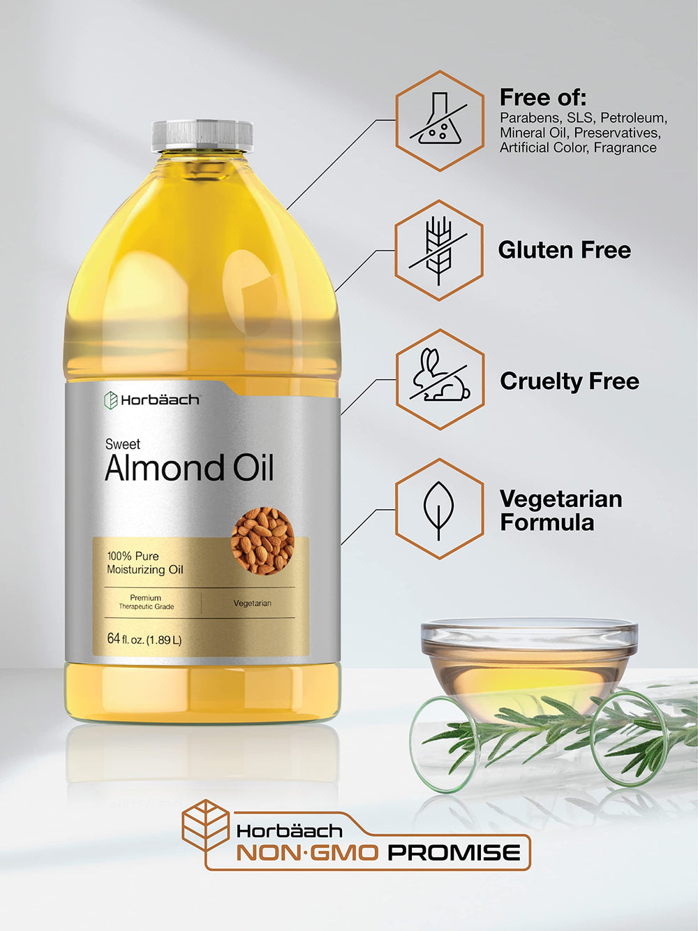 Horbäach Sweet Almond Oil label highlighting hexane-free formula.