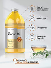 Horbäach Sweet Almond Oil label highlighting hexane-free formula.
