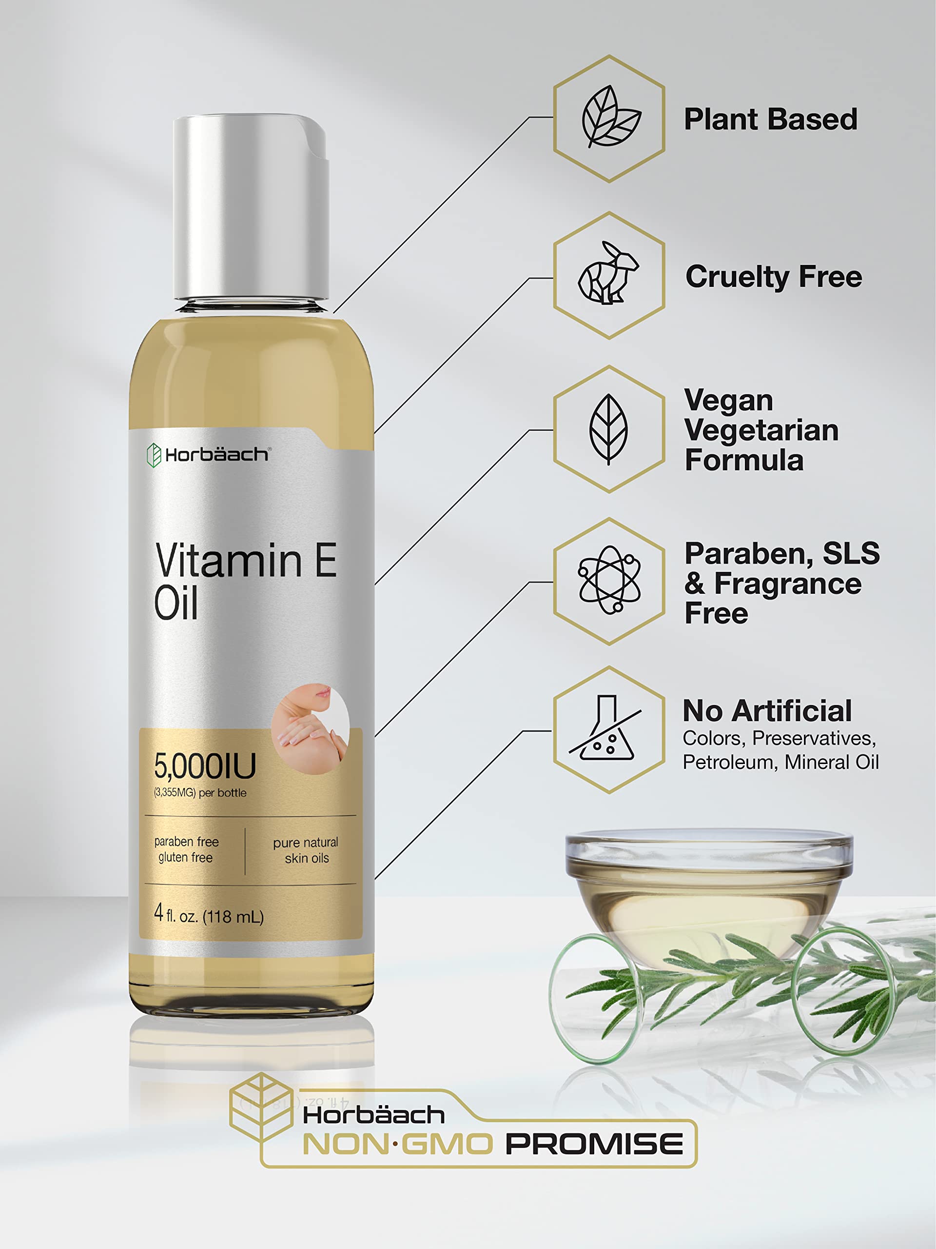 Horbäach Vitamin E Oil close-up texture shows silky consistency for everyday use.