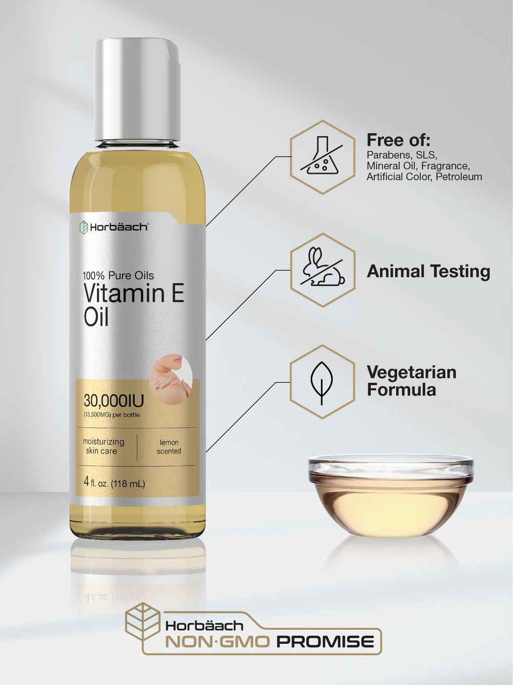 Lemon scented Horbäach Vitamin E Oil bottle enhances refreshment.