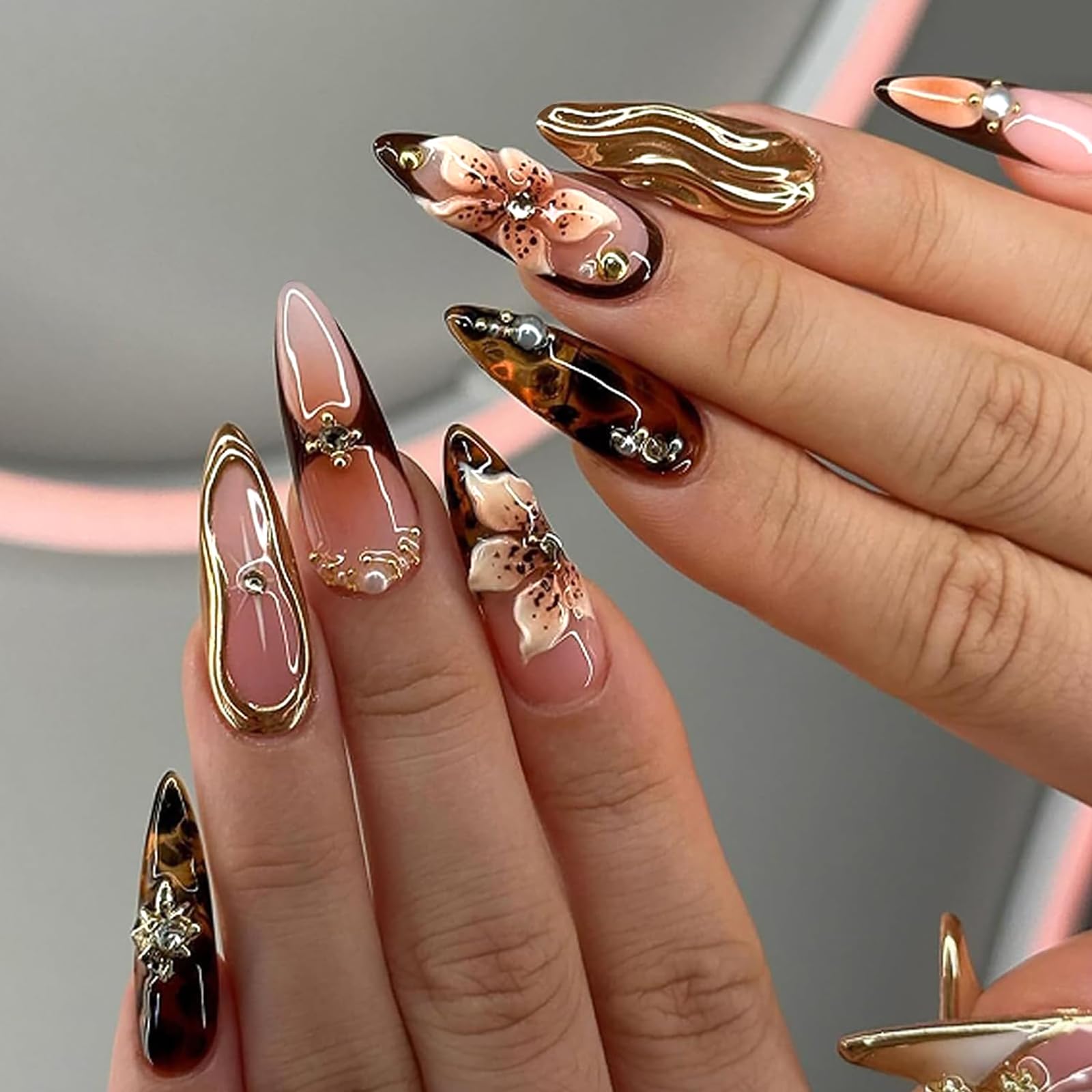 HOSAILY 3D brown flower press-on nails with chic floral design for at-home style.