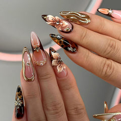 HOSAILY 3D brown flower press-on nails with chic floral design for at-home style.