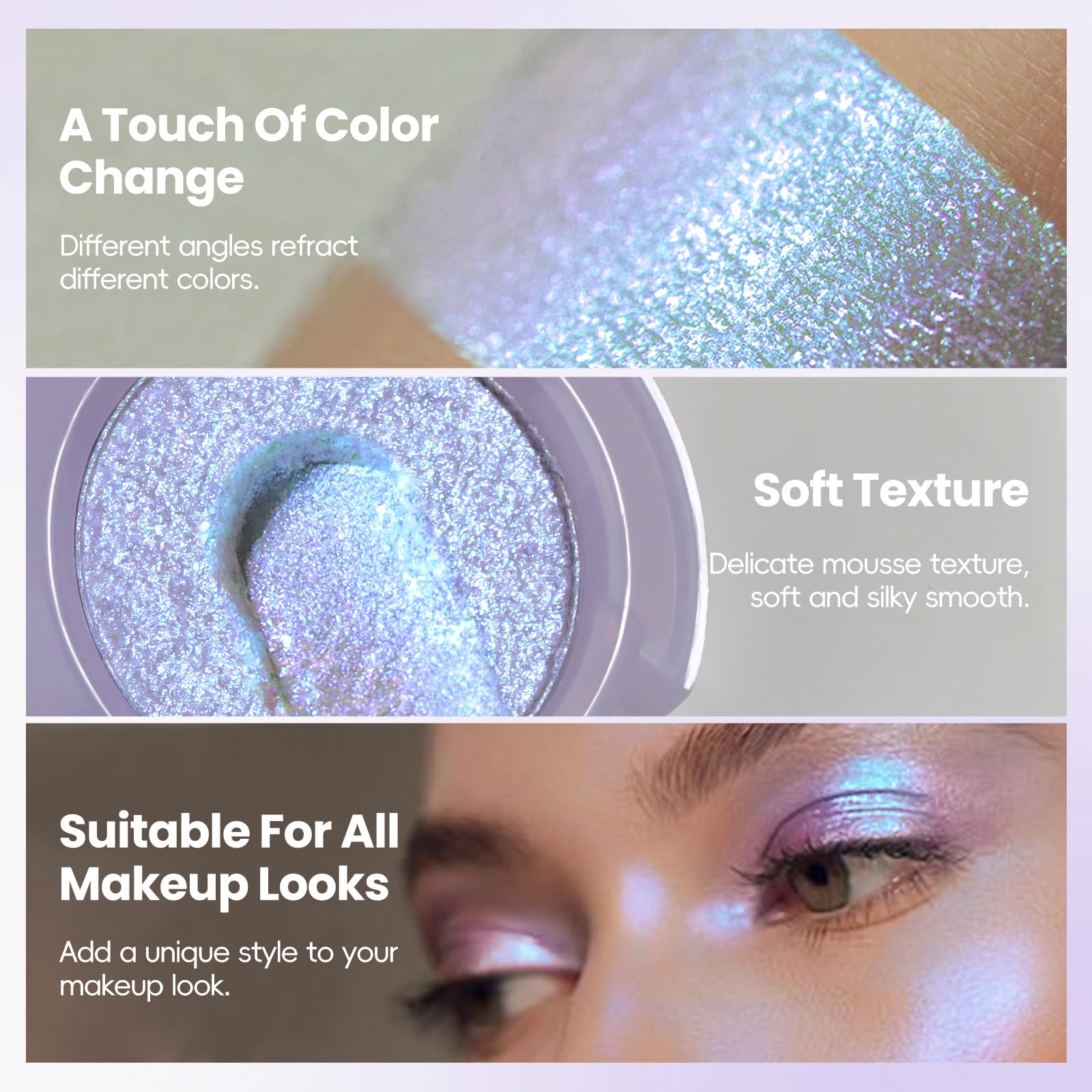 Hosaily chameleon metallic eyeshadow provides iridescent shade shifts under light.