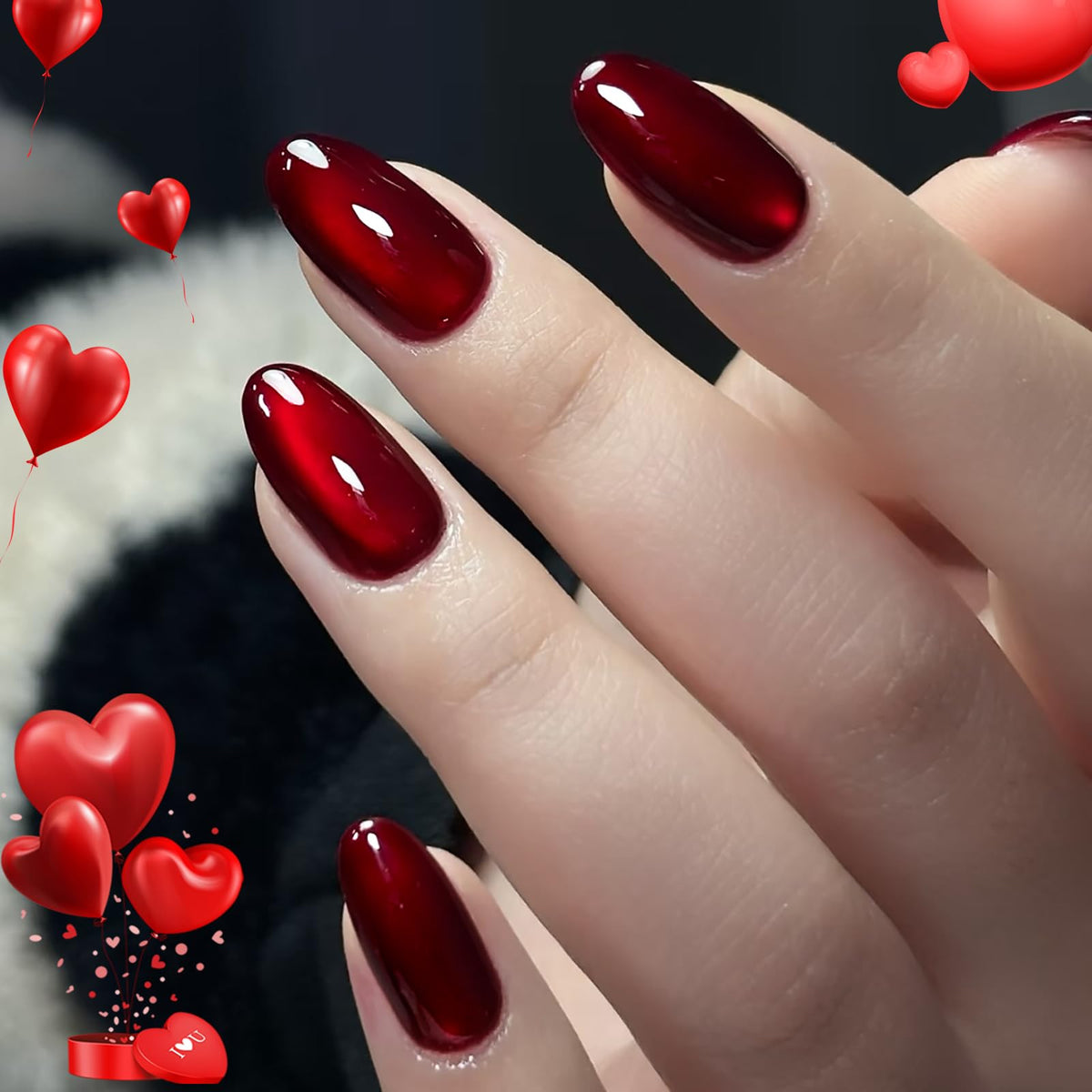 HOSAILY Cherry Red Cat Eye nails in a short oval shape for daily chic.