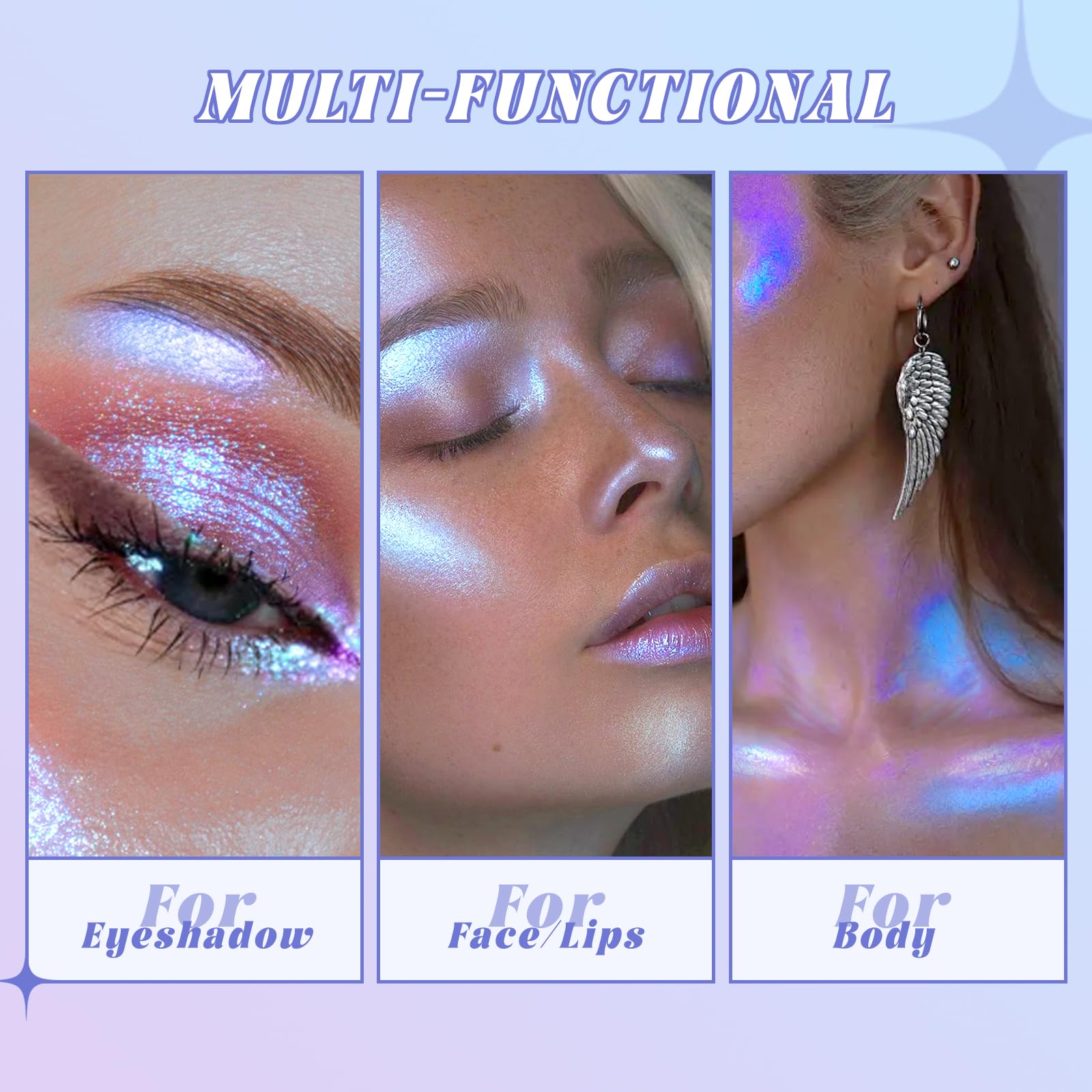HOSAILY facial illuminator highlights cheekbones and shoulders with mermaid-inspired shimmer.