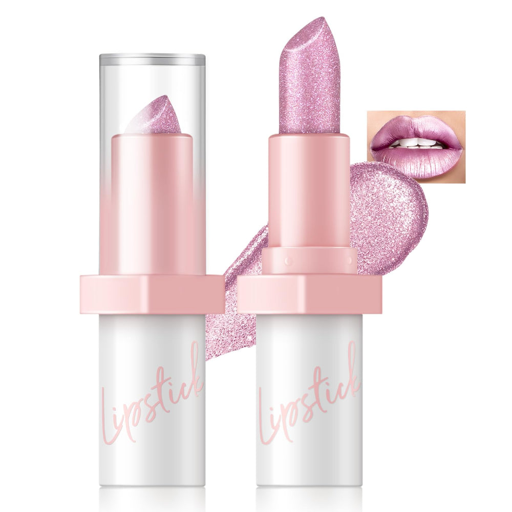 HOSAILY metallic pink frost lipstick bullet shows a shimmering, high shine finish.