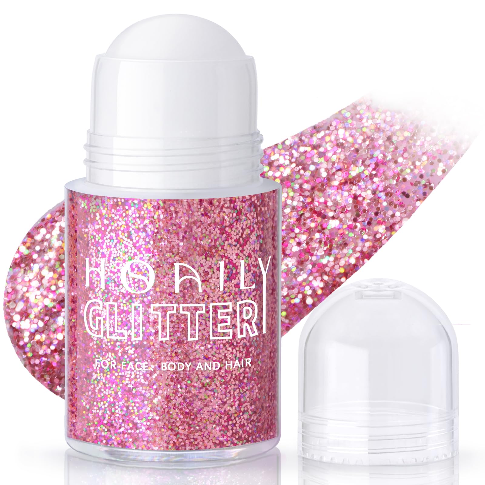 HOSAILY roll-on holographic glitter gel on the face for a radiant pink glow.