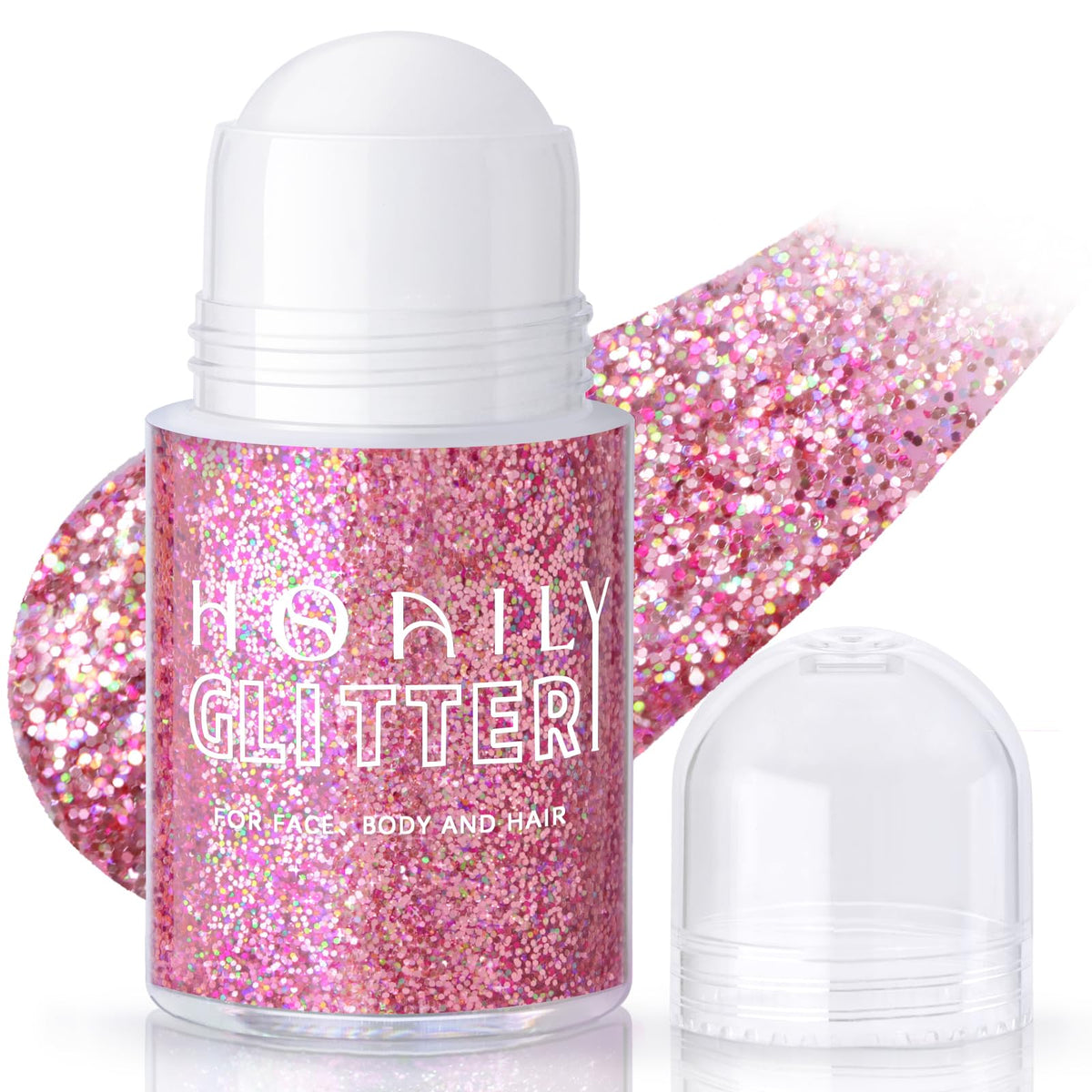 HOSAILY roll-on holographic glitter gel on the face for a radiant pink glow.