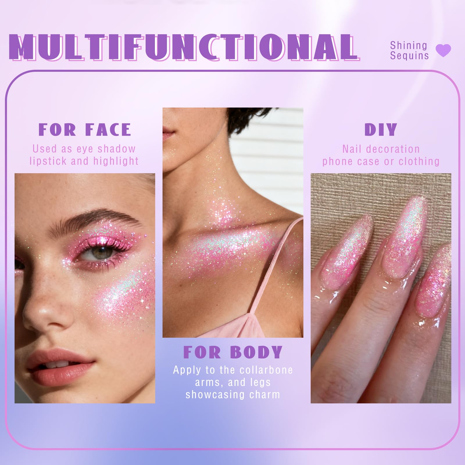 HOSAILY close-up shows color-changing glitter on skin under light.