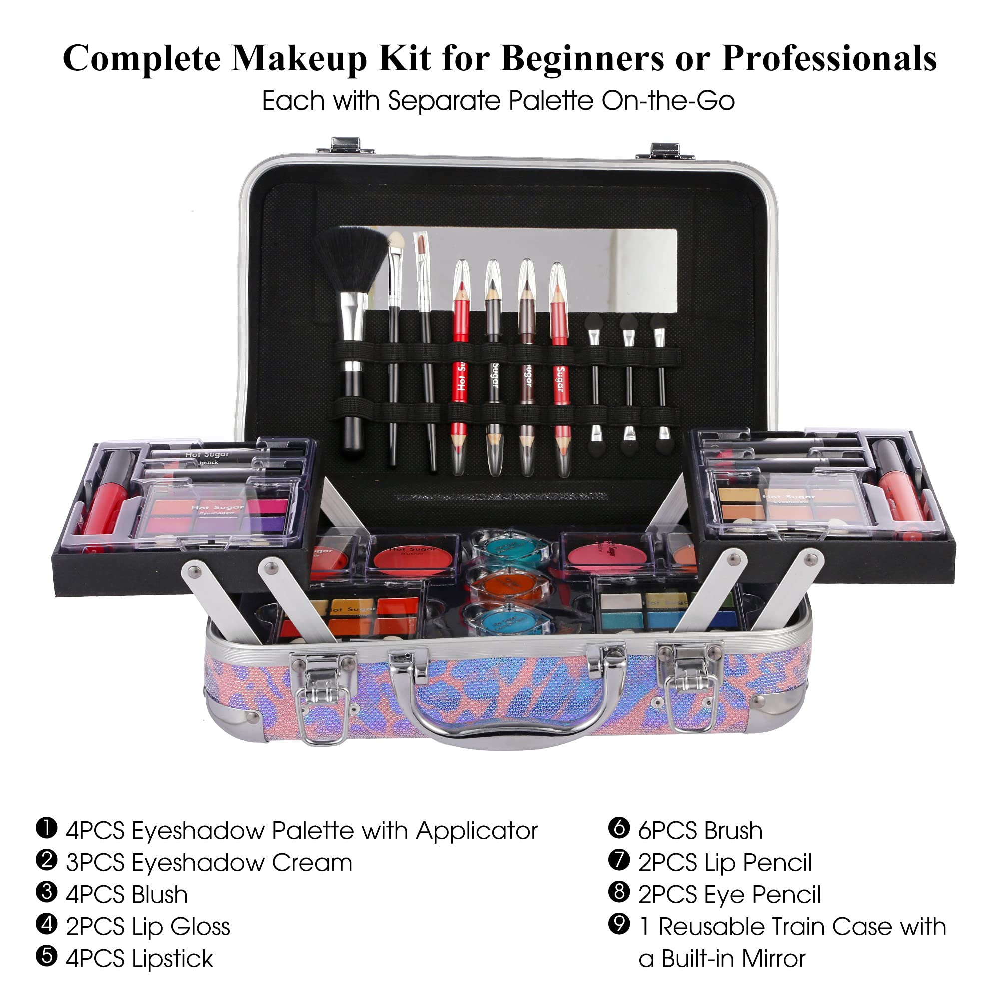 Hot Sugar makeup case open to reveal palettes, brushes, and mirrors for easy storage.