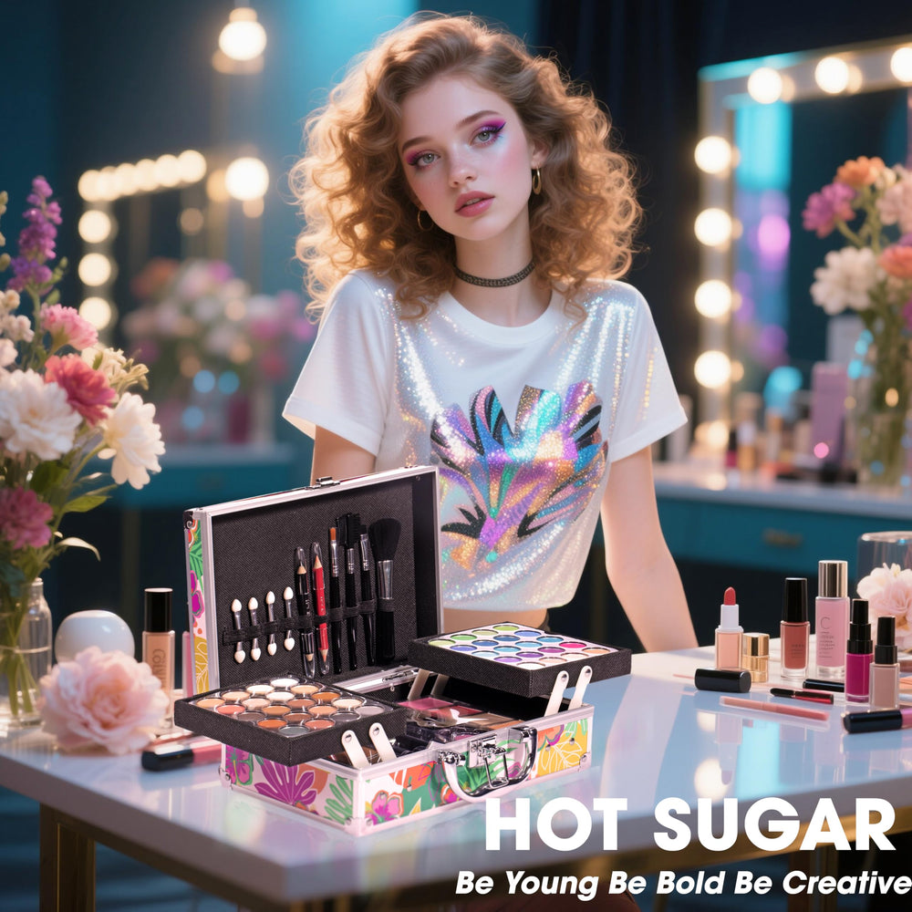 Hot Sugar makeup kit blush-highlighter-contour adds dimension to cheeks with subtle glow.