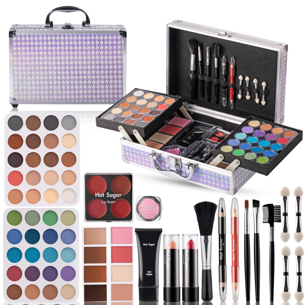 Hot Sugar makeup kit case in purple houndstooth, durable aluminum frame protects cosmetics.