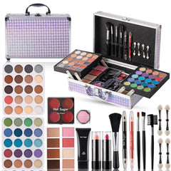 Hot Sugar makeup kit case in purple houndstooth, durable aluminum frame protects cosmetics.