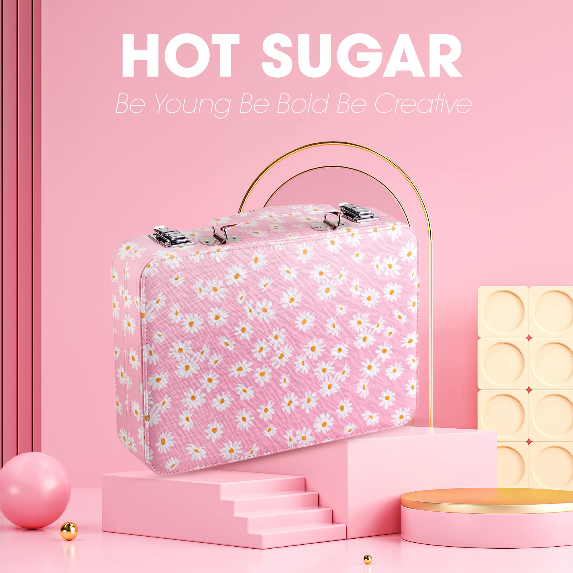 Hot Sugar reusable train case with daisy pattern for stylish storage.