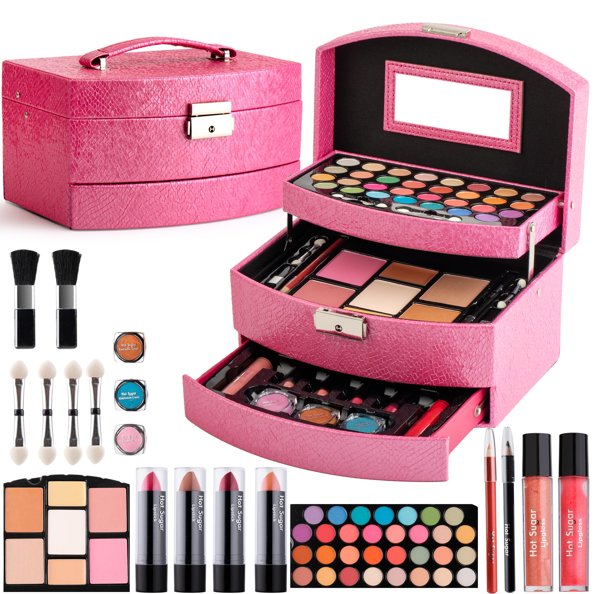 Hot Sugar Rosy train case with tools, ideal for beginner makeup on the go