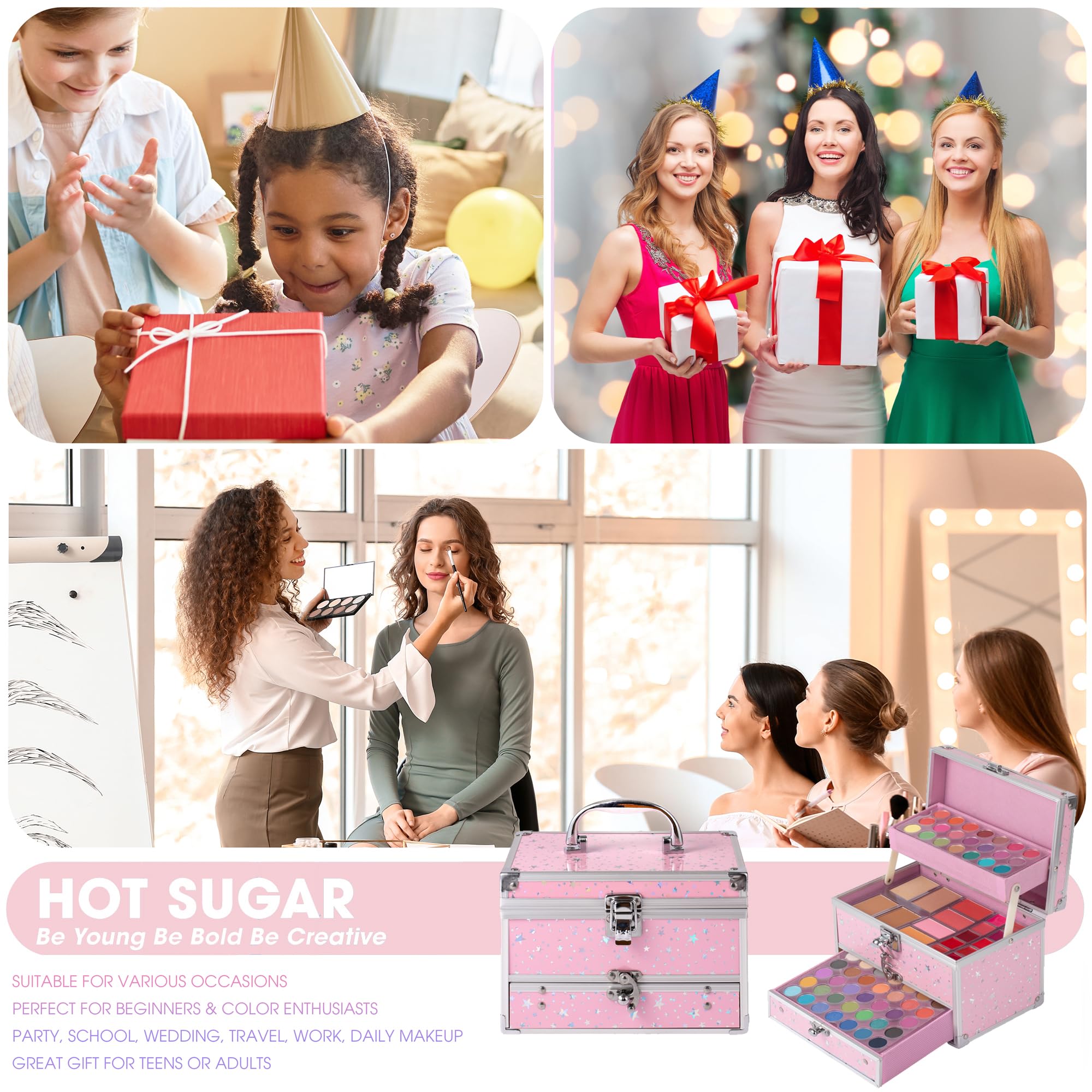 Hot Sugar teen makeup kit train-case open, easy access to 56 pieces on the go.
