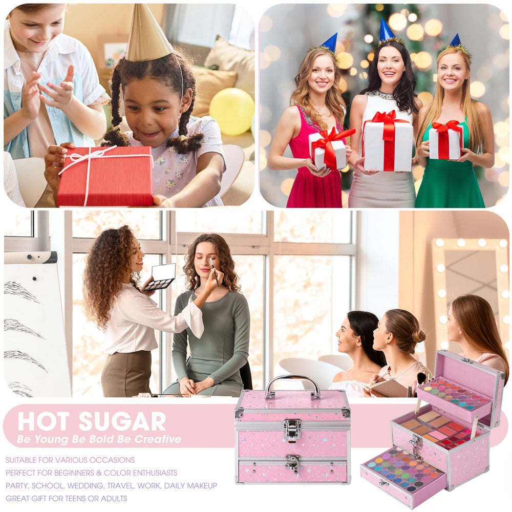 Hot Sugar teen makeup kit train-case open, easy access to 56 pieces on the go.