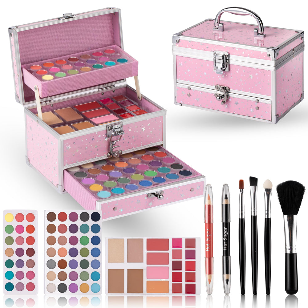 Hot Sugar teen makeup kit with train-case in pink, portable storage for a colorful starter routine.