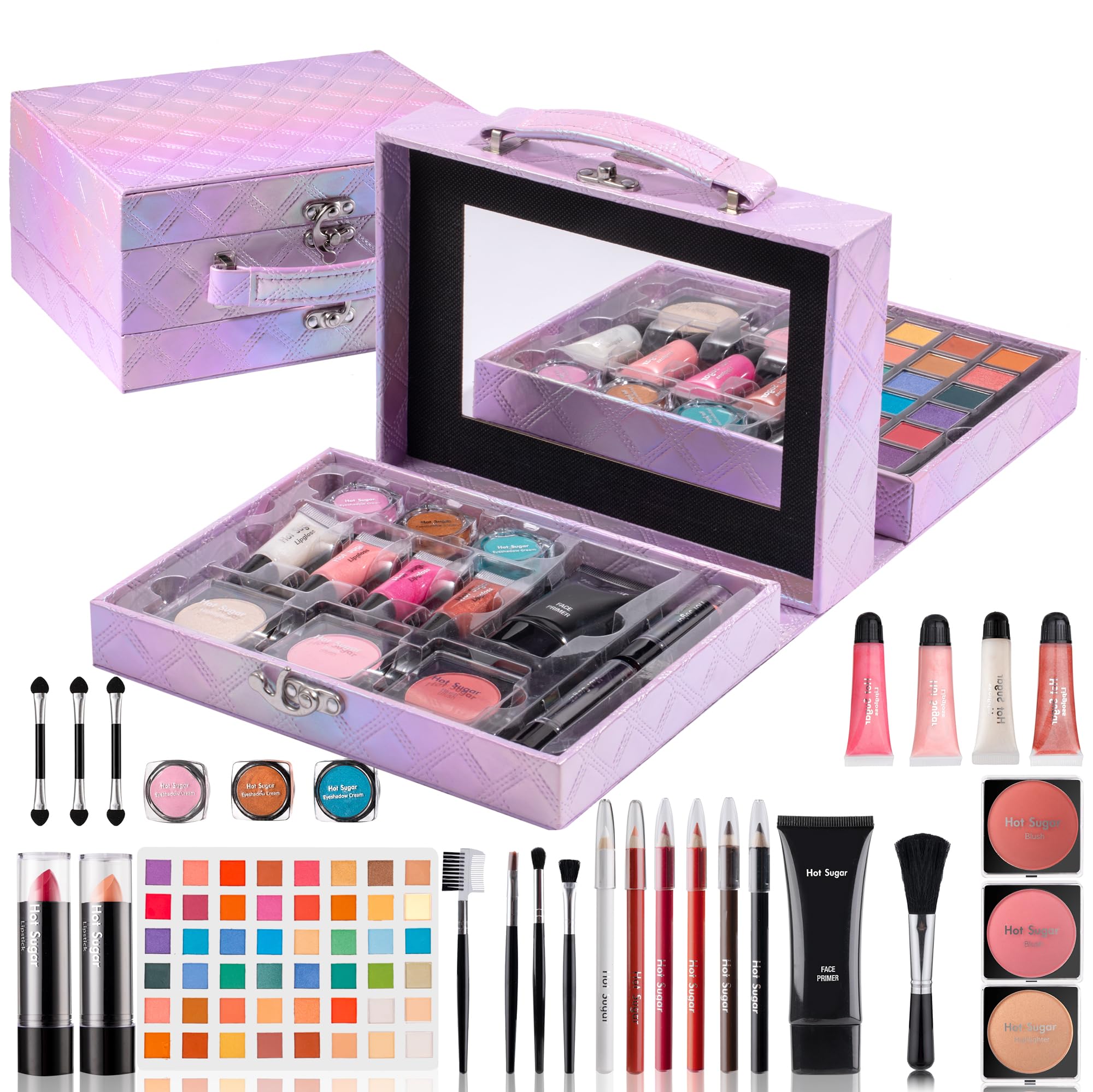 Hot Sugar makeup kit train case in purple diamond keeps essentials organized.