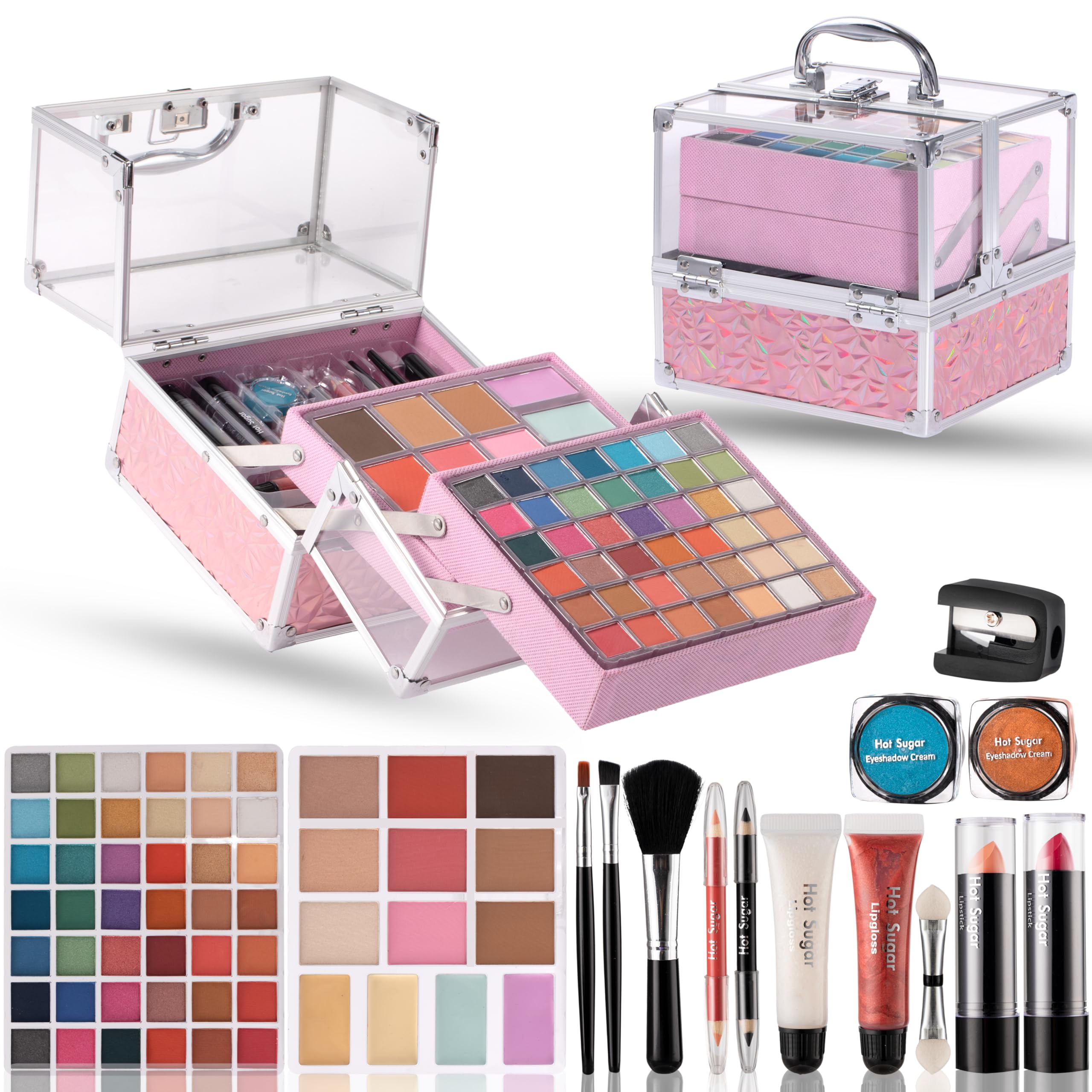 Hot Sugar teen makeup kit in pink train case, portable for sleepovers.