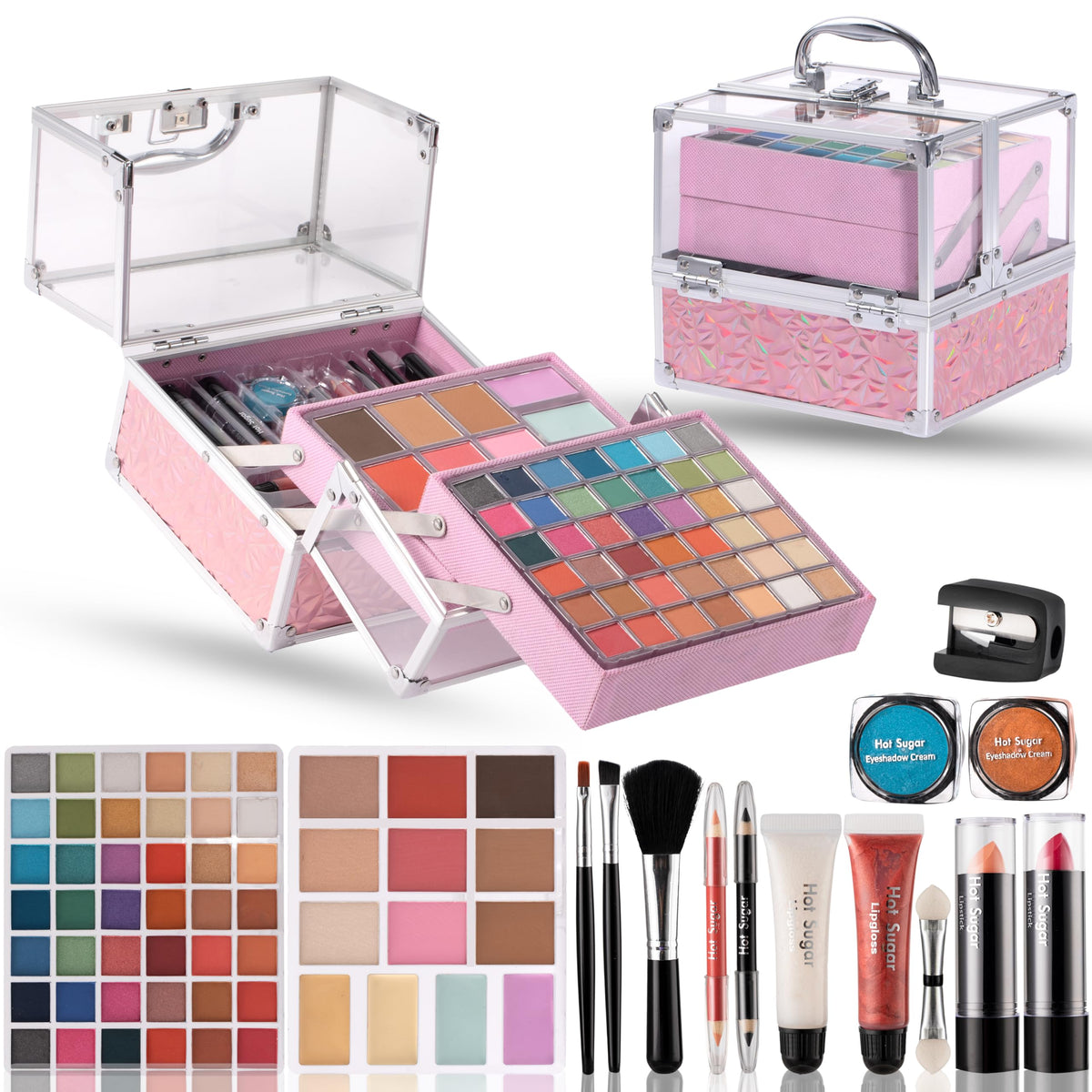 Hot Sugar teen makeup kit in pink train case, portable for sleepovers.