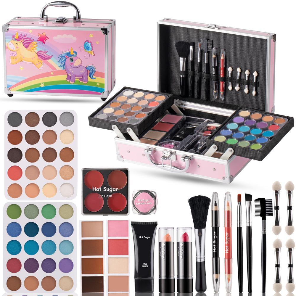 Hot Sugar unicorn aluminum train case is durable and portable for kids' makeup storage.