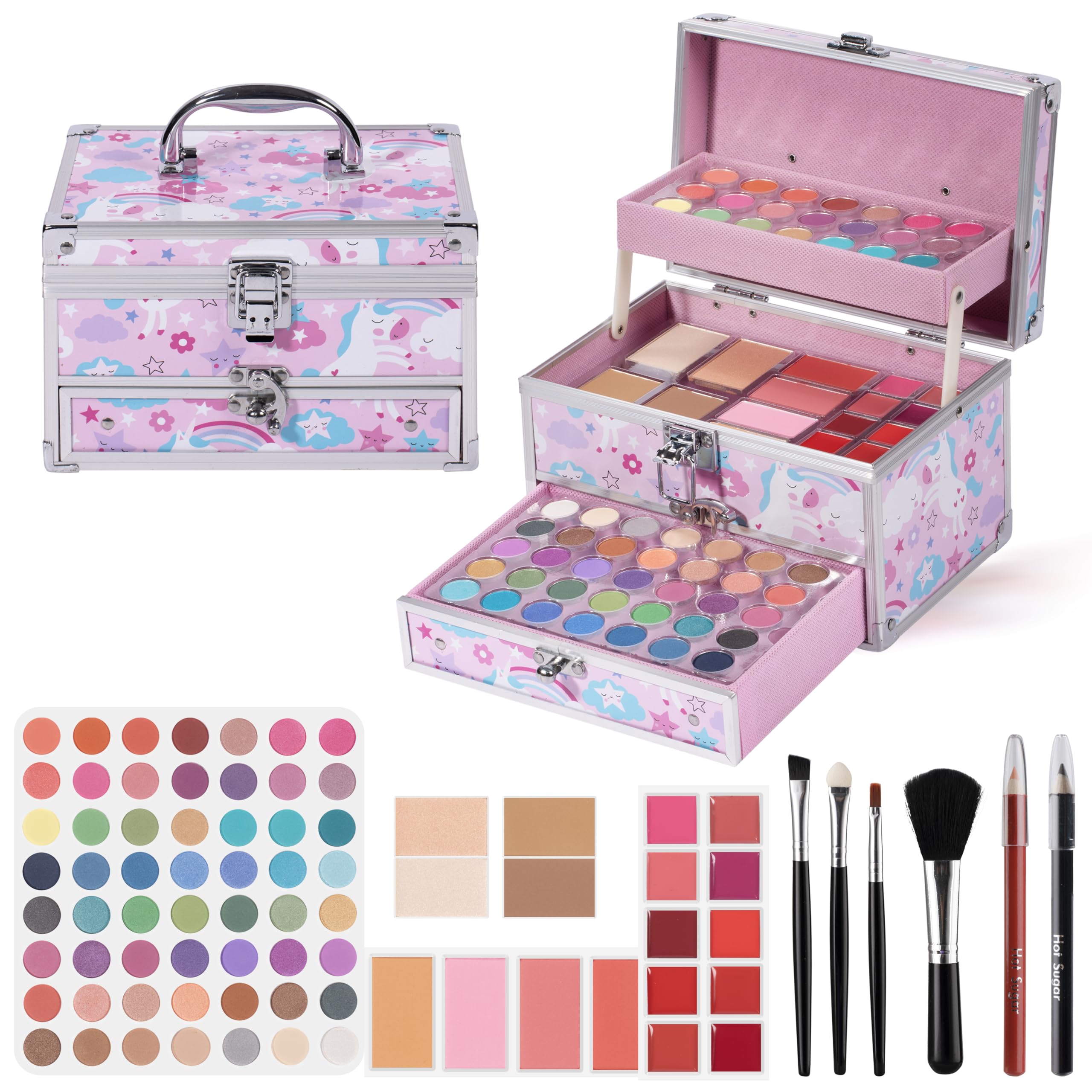 Hot Sugar unicorn train case front view for organized tween makeup on the go.