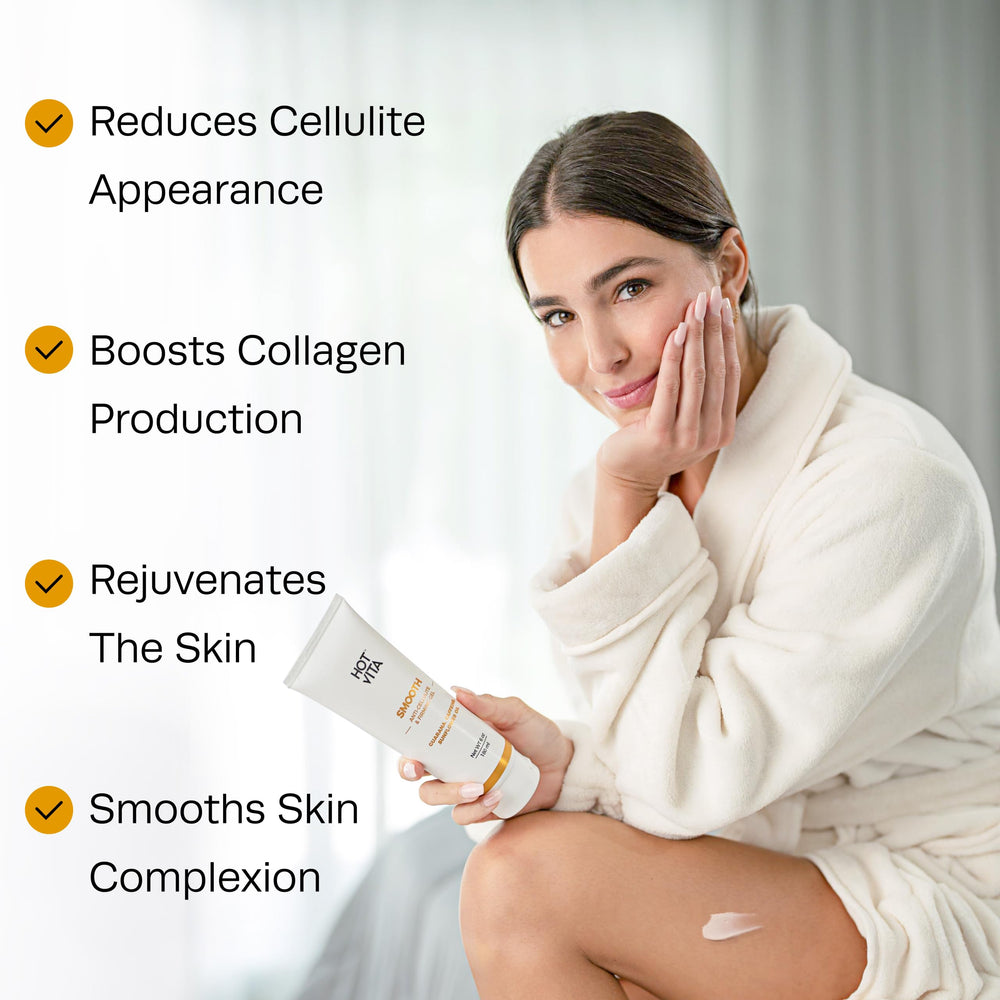 Hot Vita Smooth Body Gel being applied with massage for smoother-feeling thighs.
