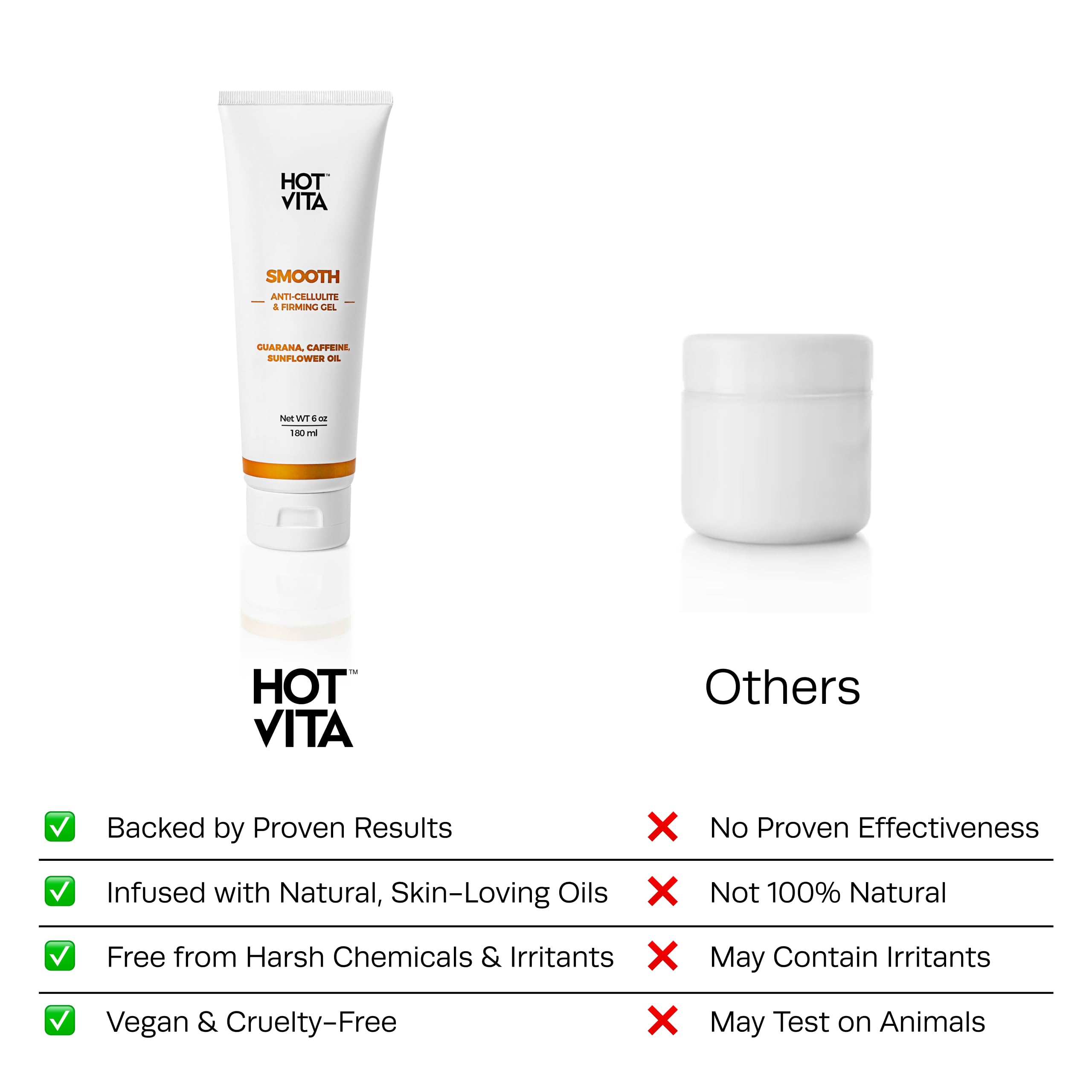 Hot Vita Smooth Body Gel vegan and paraben-free emblem shown.