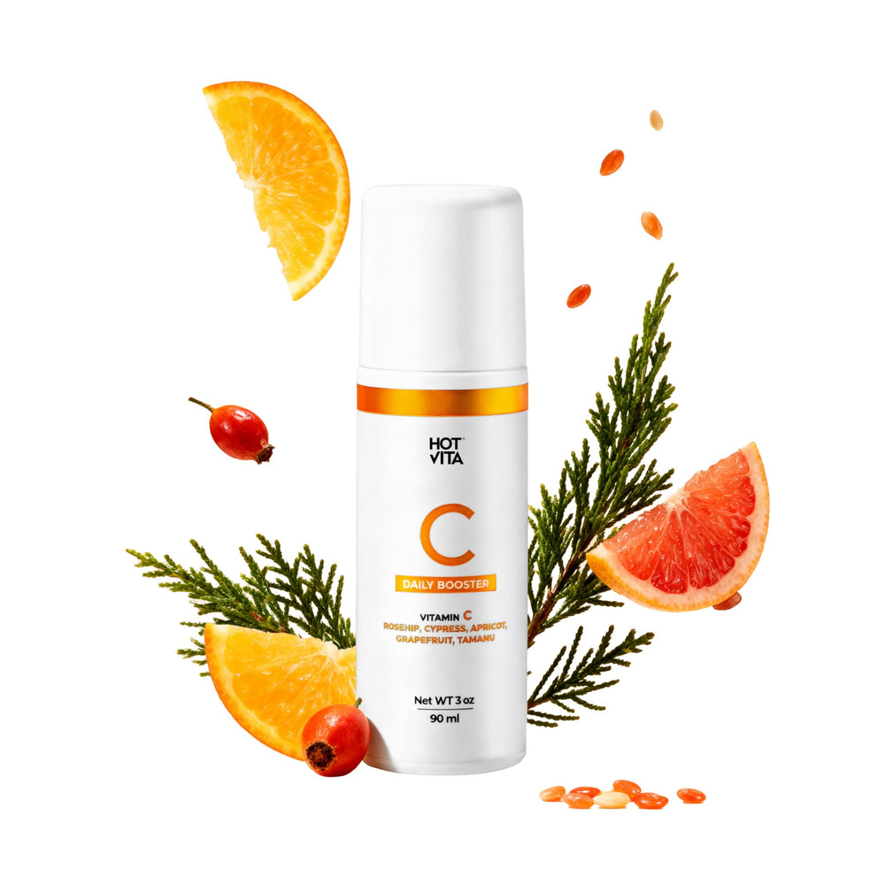 Hot Vita Vitamin C Body Oil bottle on a clean surface, ready for daily use.