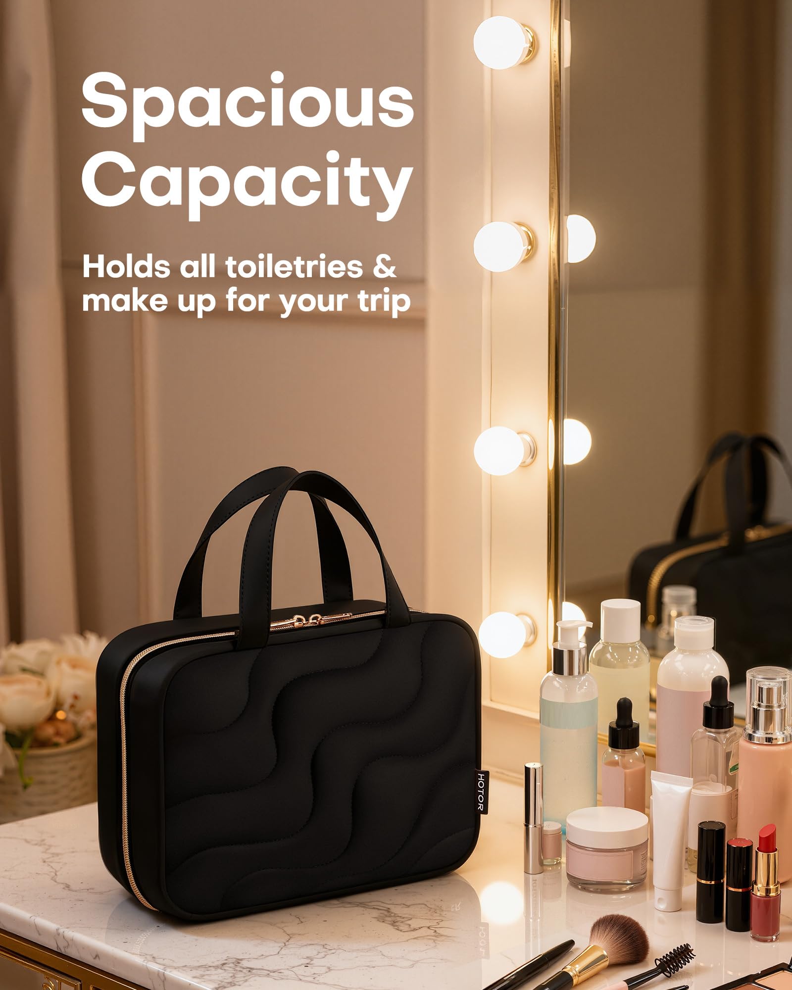 Opened HOTOR bag interior showcasing organized space for cosmetics