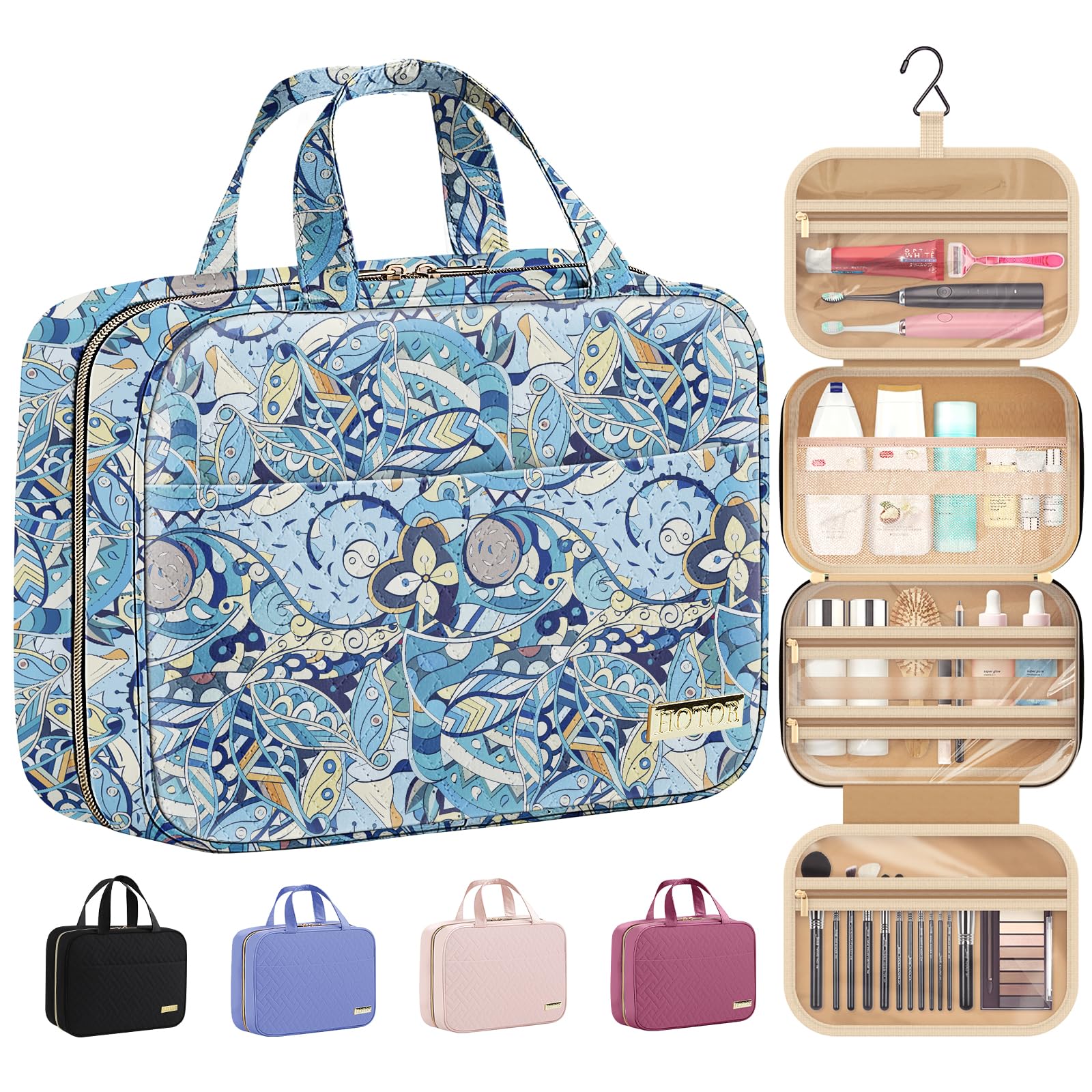 HOTOR travel toiletry bag in blue paisley hanging design keeps essentials organized during trips