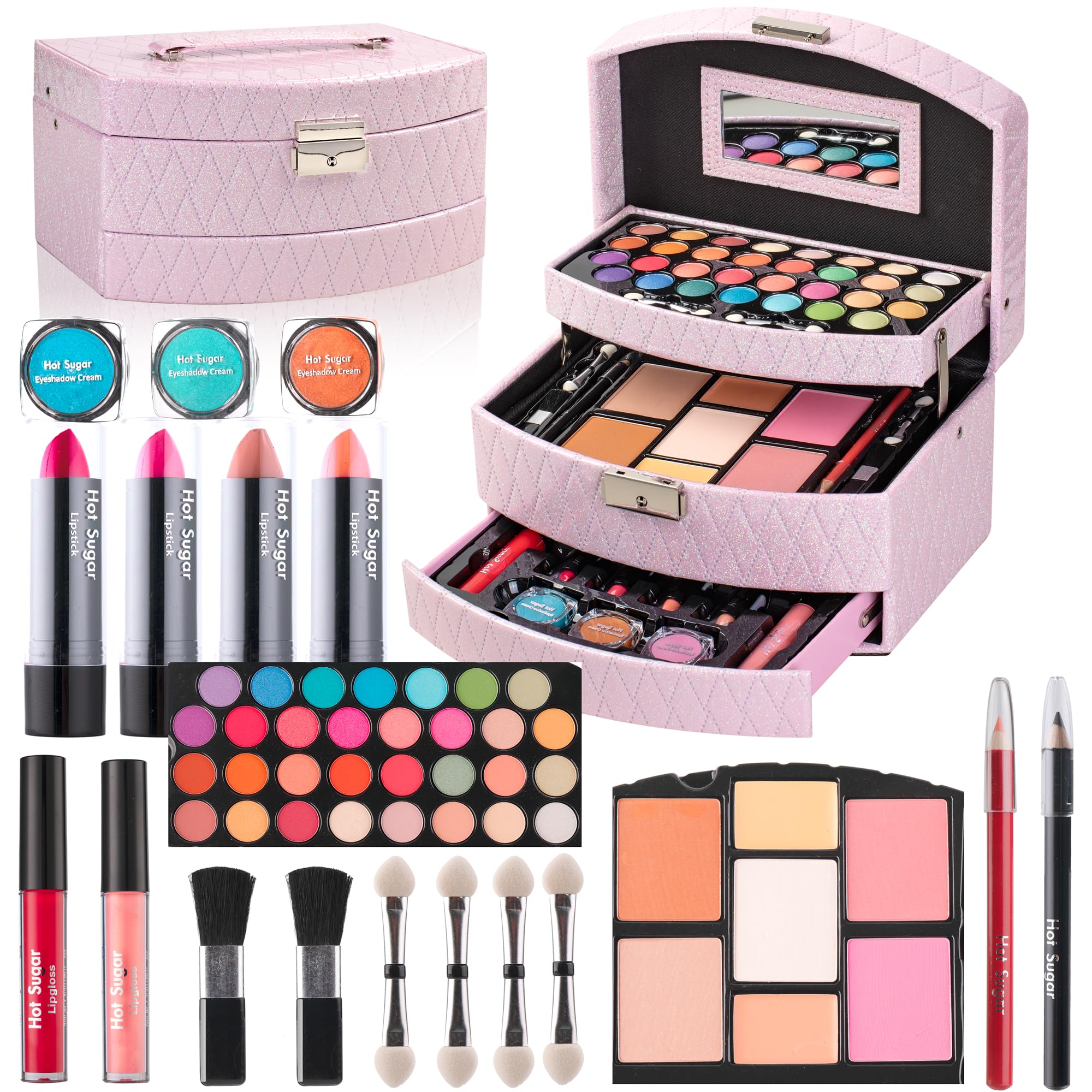Hot Sugar makeup kit pink train case front, ideal for beginner beauty routines.