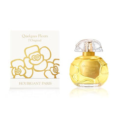 Houbigant Quelques Fleurs Original bottle side profile, inviting luxurious, wearable aroma.