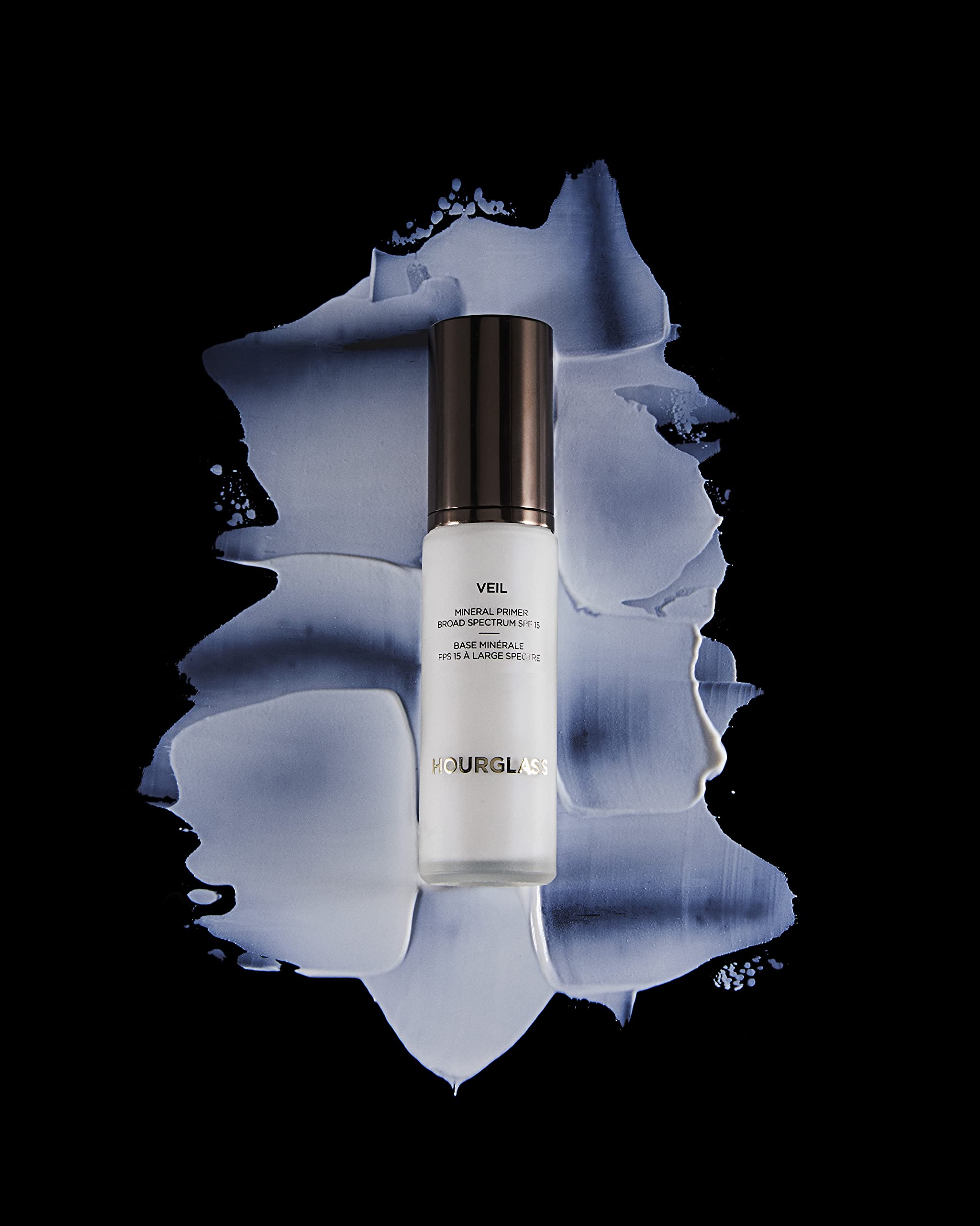Hourglass Veil Mineral Primer packaging closeup highlights SPF 15 protection