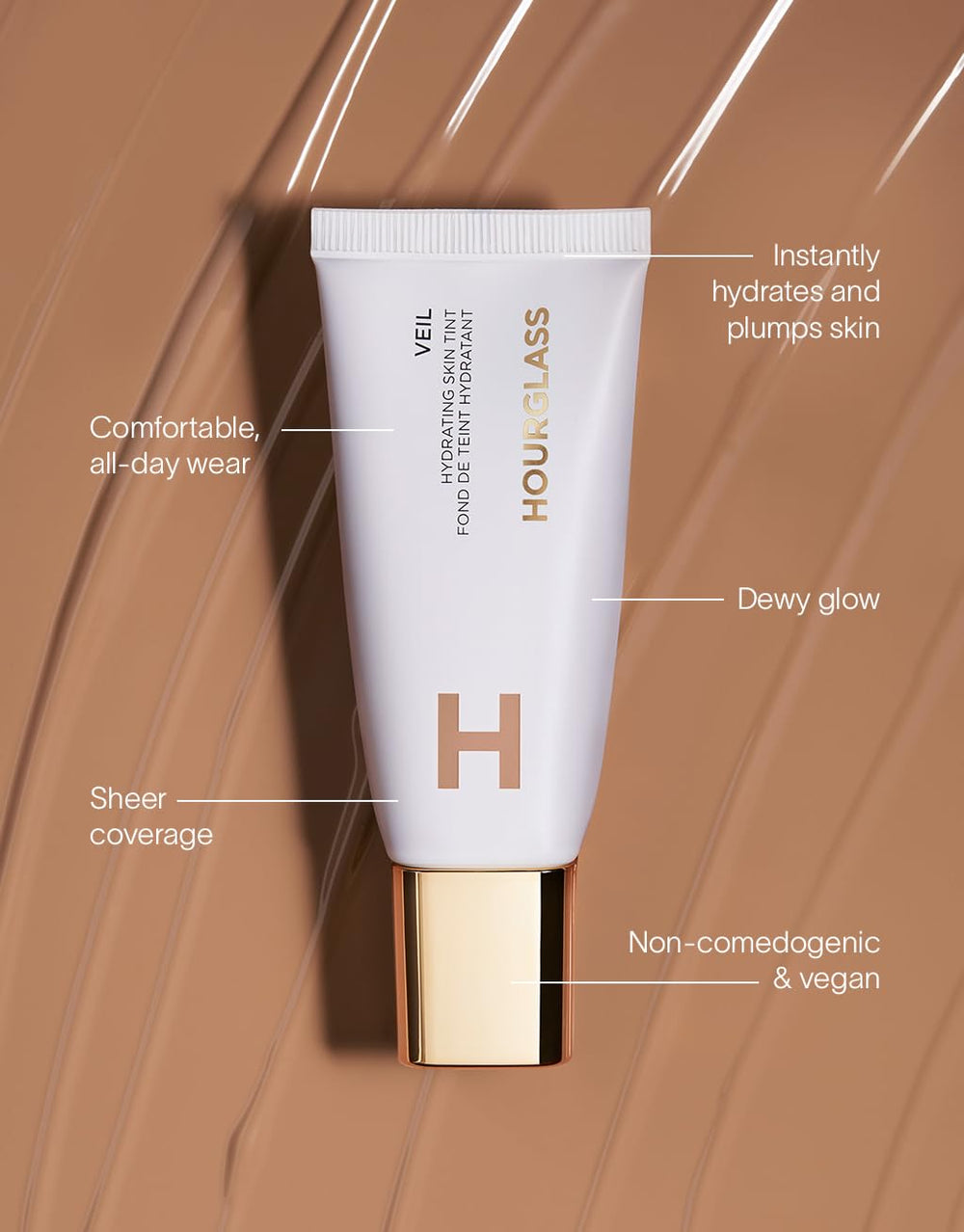 Hourglass Veil packaging portrait emphasizing vegan, cruelty-free brand values.
