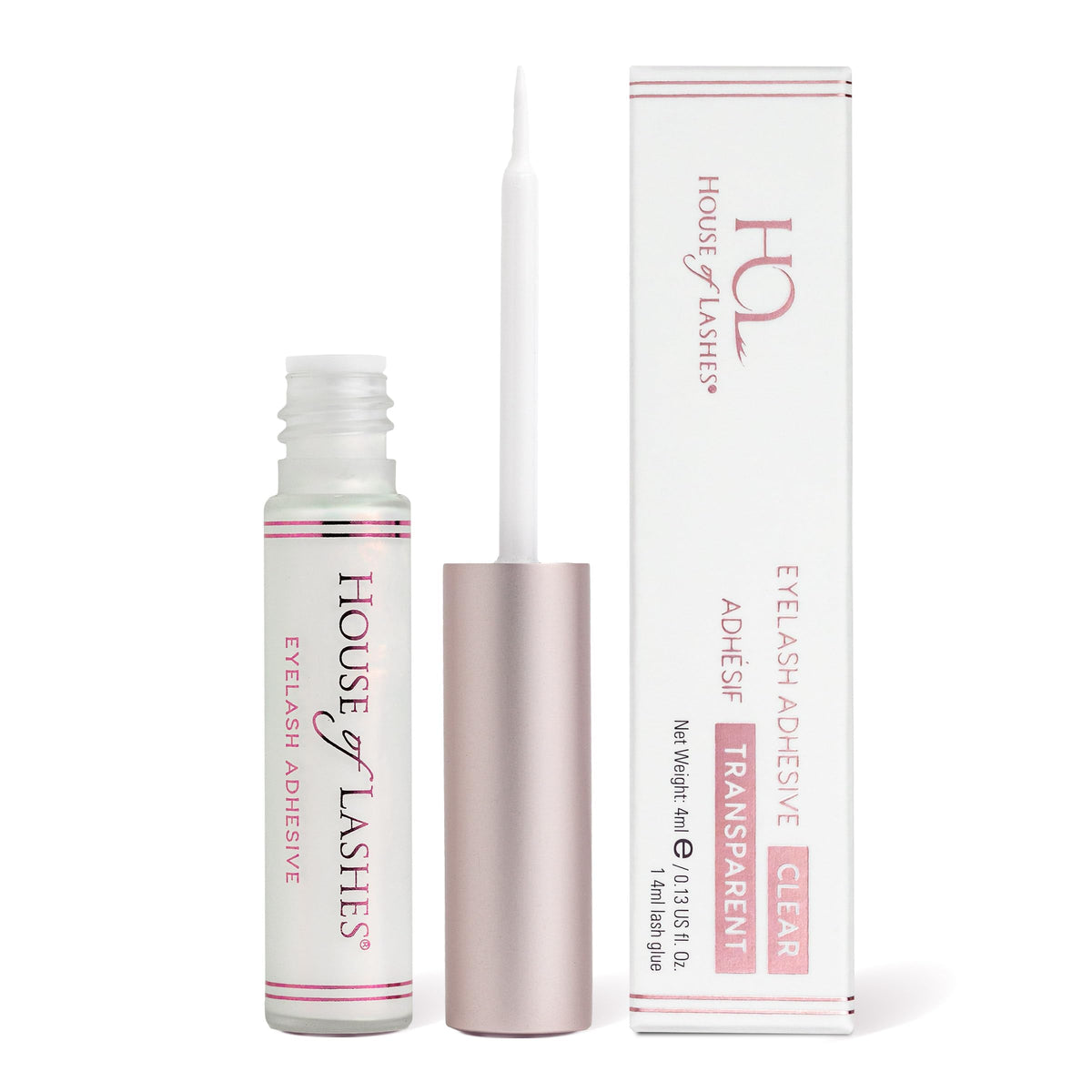 House of Lashes glue bottle closeup shows latex-free formula for sensitive eyes.