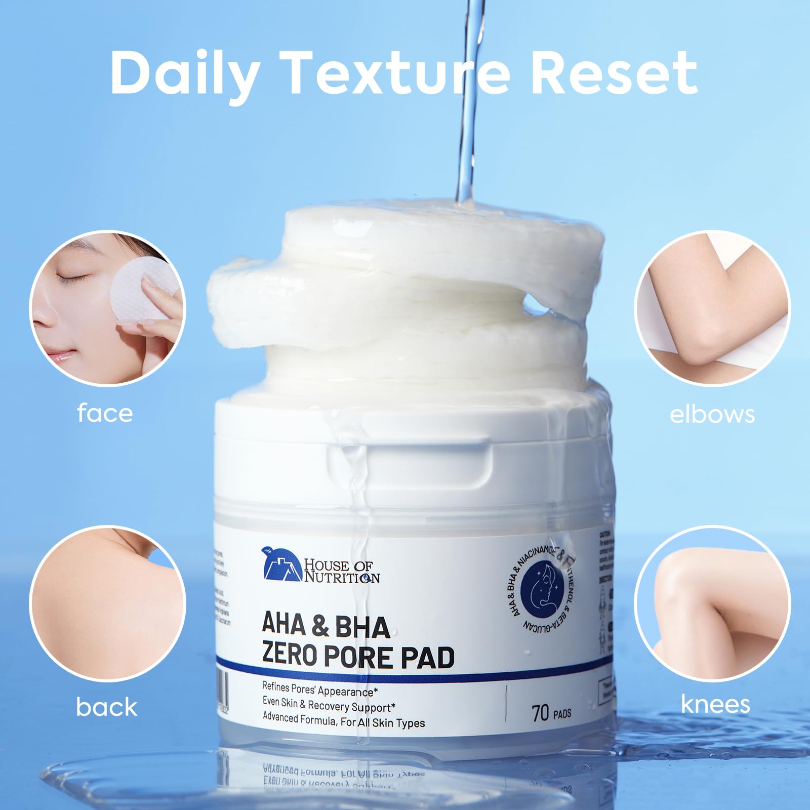 House of Nutrition Glycolic Pad in use on cheek for smoother texture.