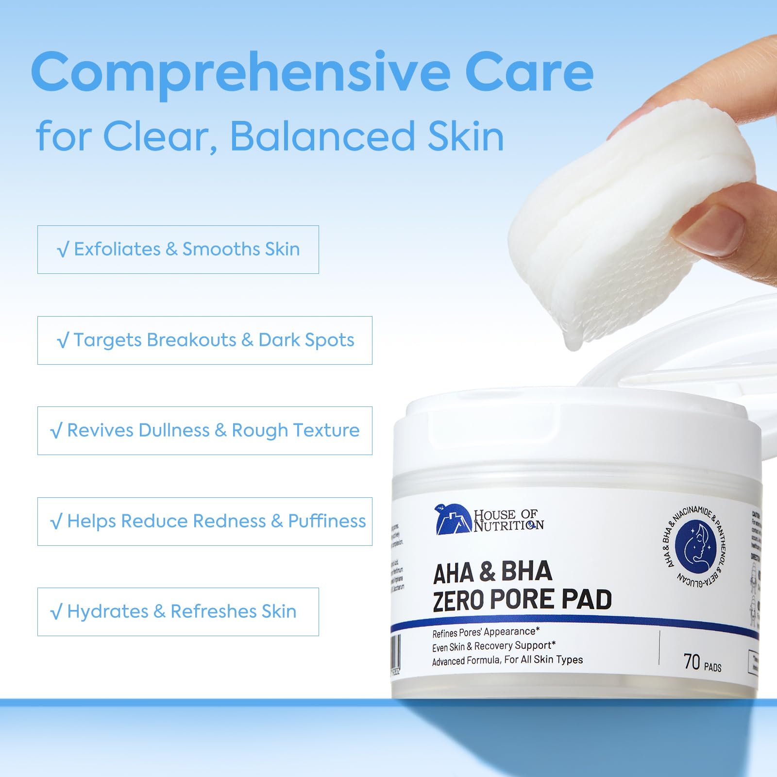 House of Nutrition Glycolic Pad featuring tea tree and witch hazel for purification.
