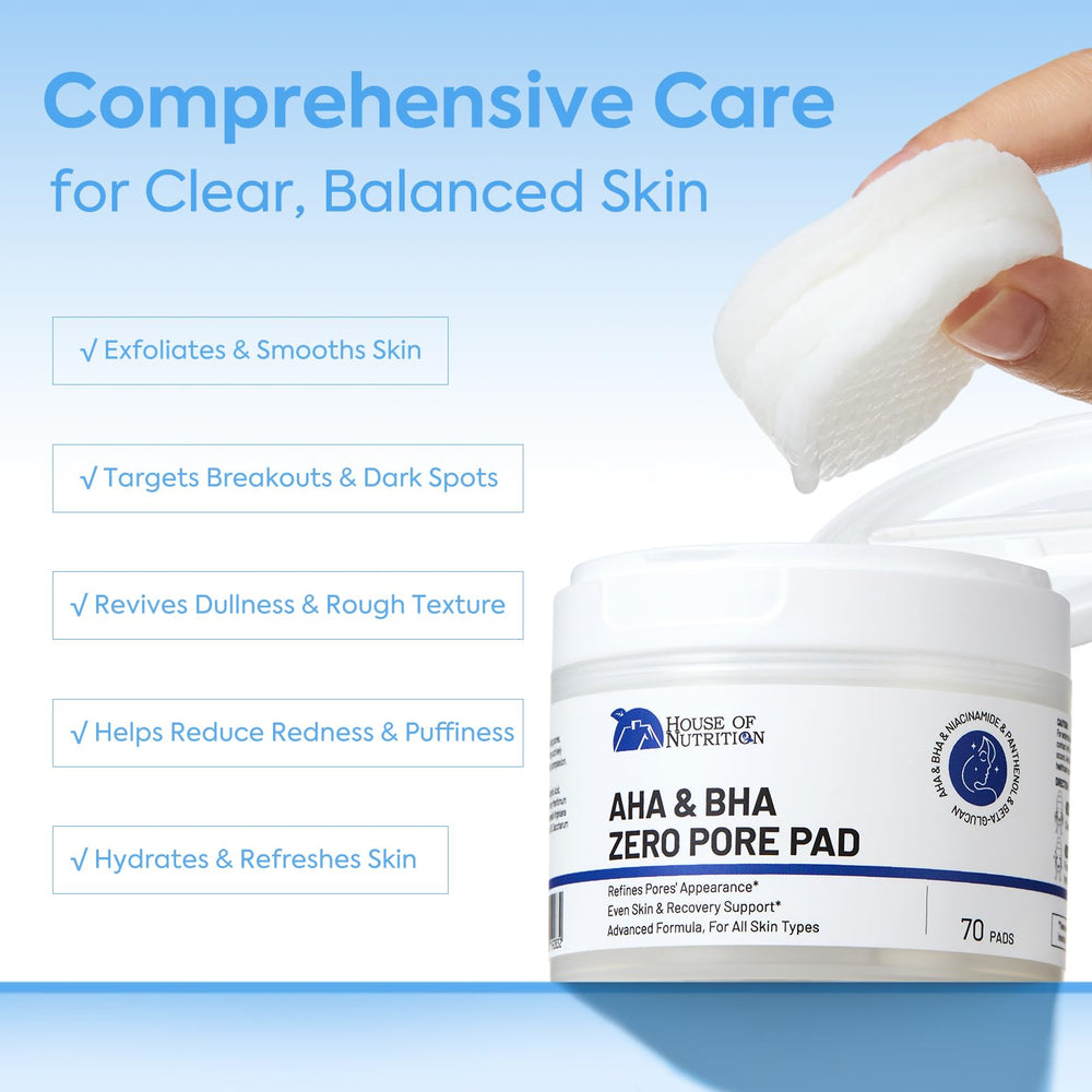 House of Nutrition Glycolic Pad featuring tea tree and witch hazel for purification.